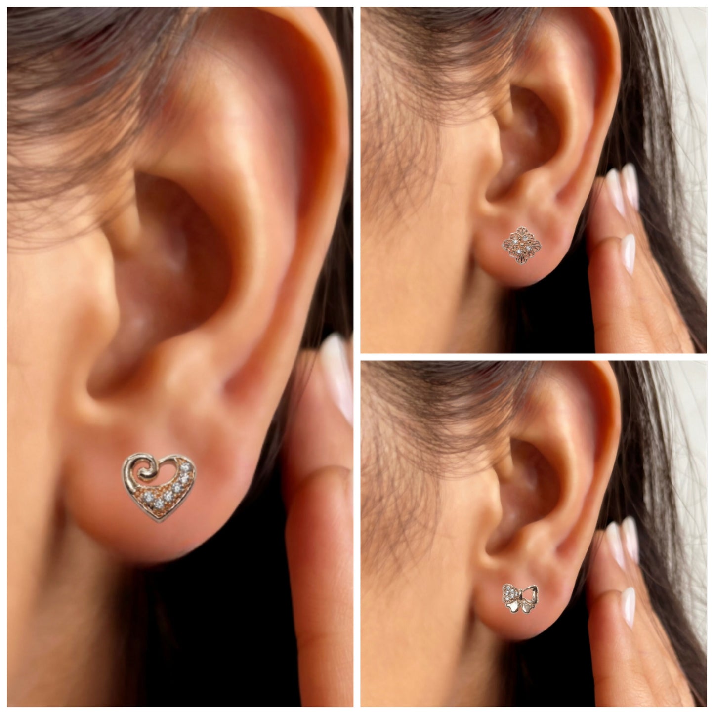 Rose Gold Plated AD Stud Earrings Set - Heart, Bow & Floral for women and girls Combo Pack of 3