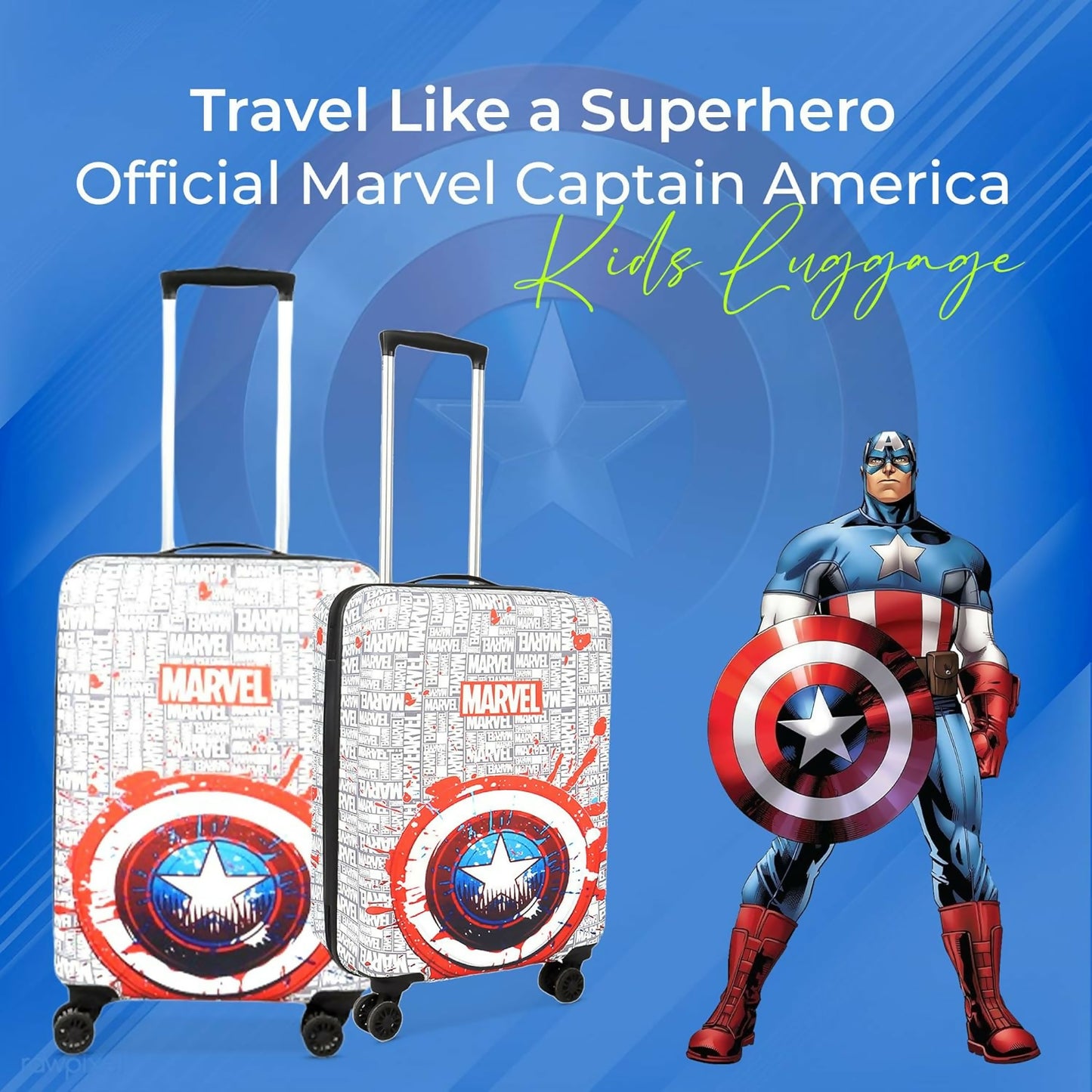 Novex Marvel Captain America Kids Polycarbonate Trolley Bag for Boys Travel Luggage with 4 Spinner Wheel (White-Red/22 Inch)