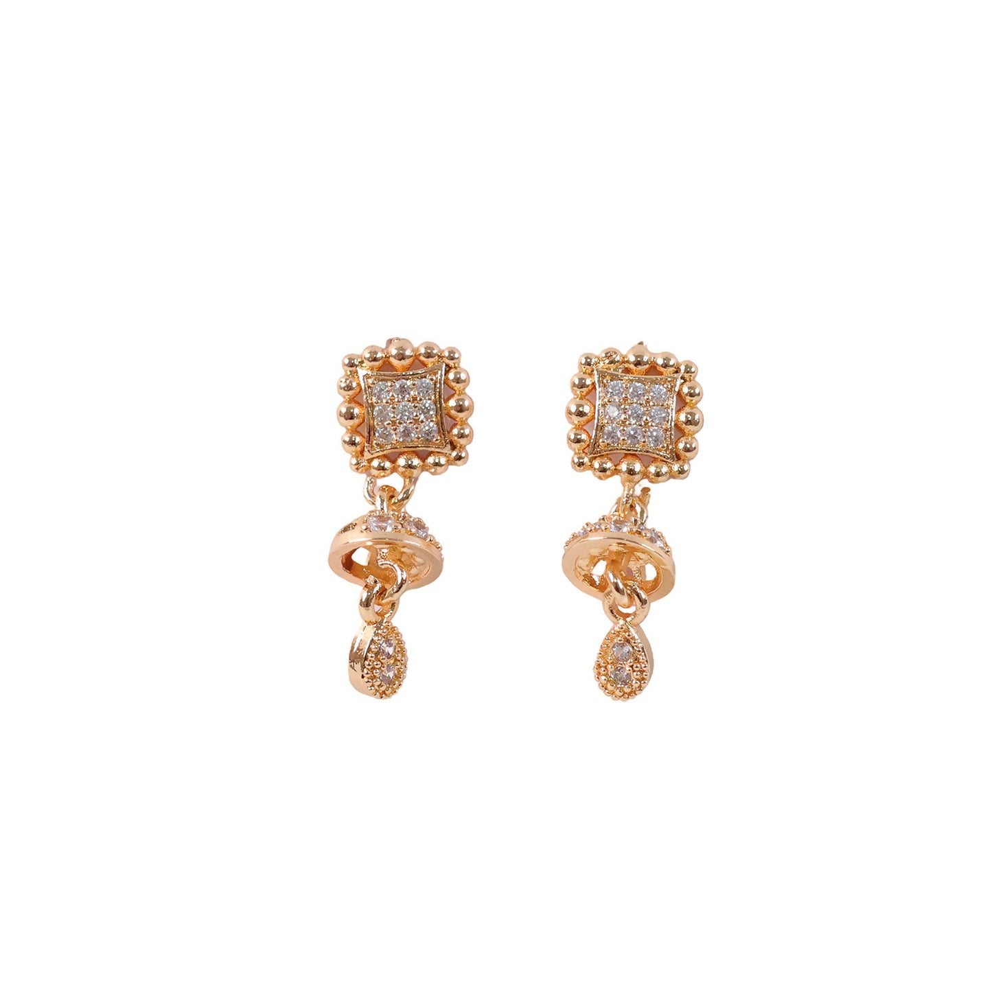 Pair of gold Jhumka drop earrings showcasing clear pavé crystals and teardrop charm