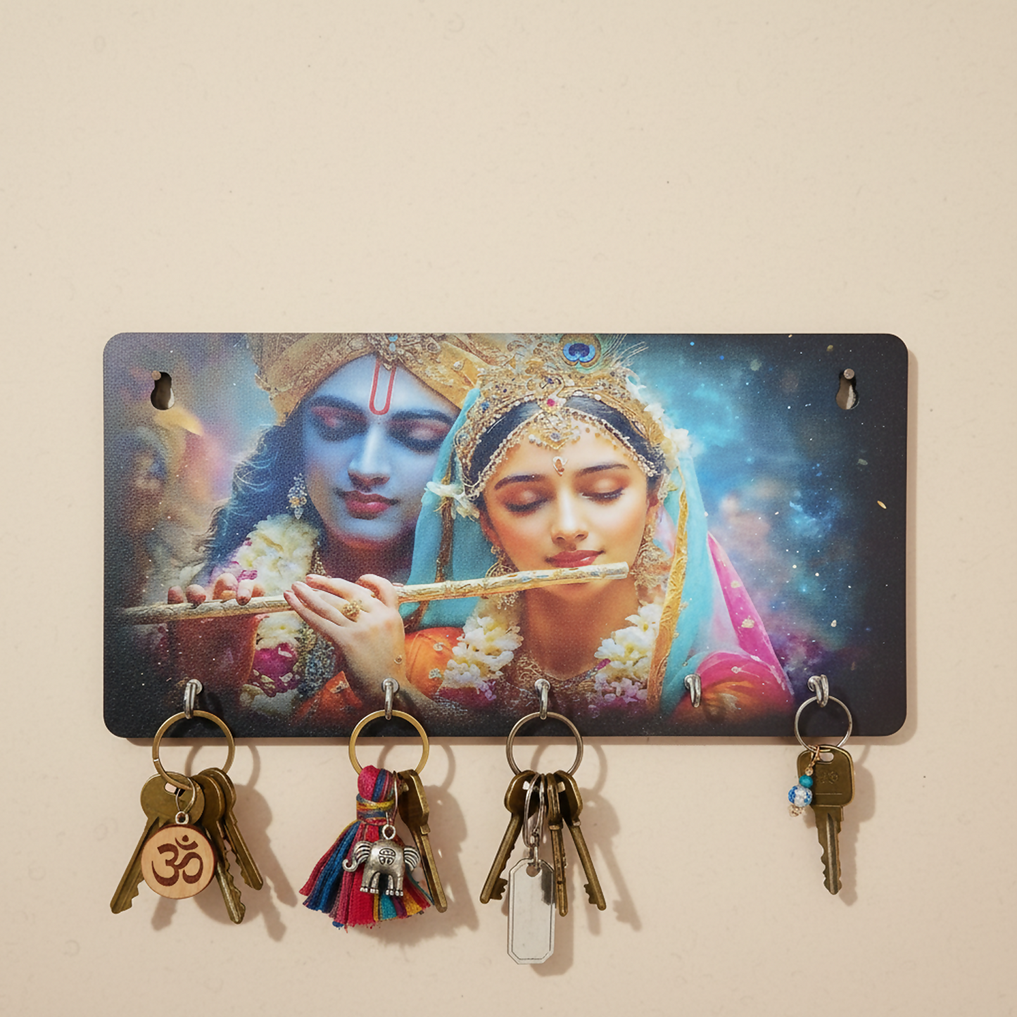 Detailed look at the fade-resistant UV print on Krishna wall key organizer