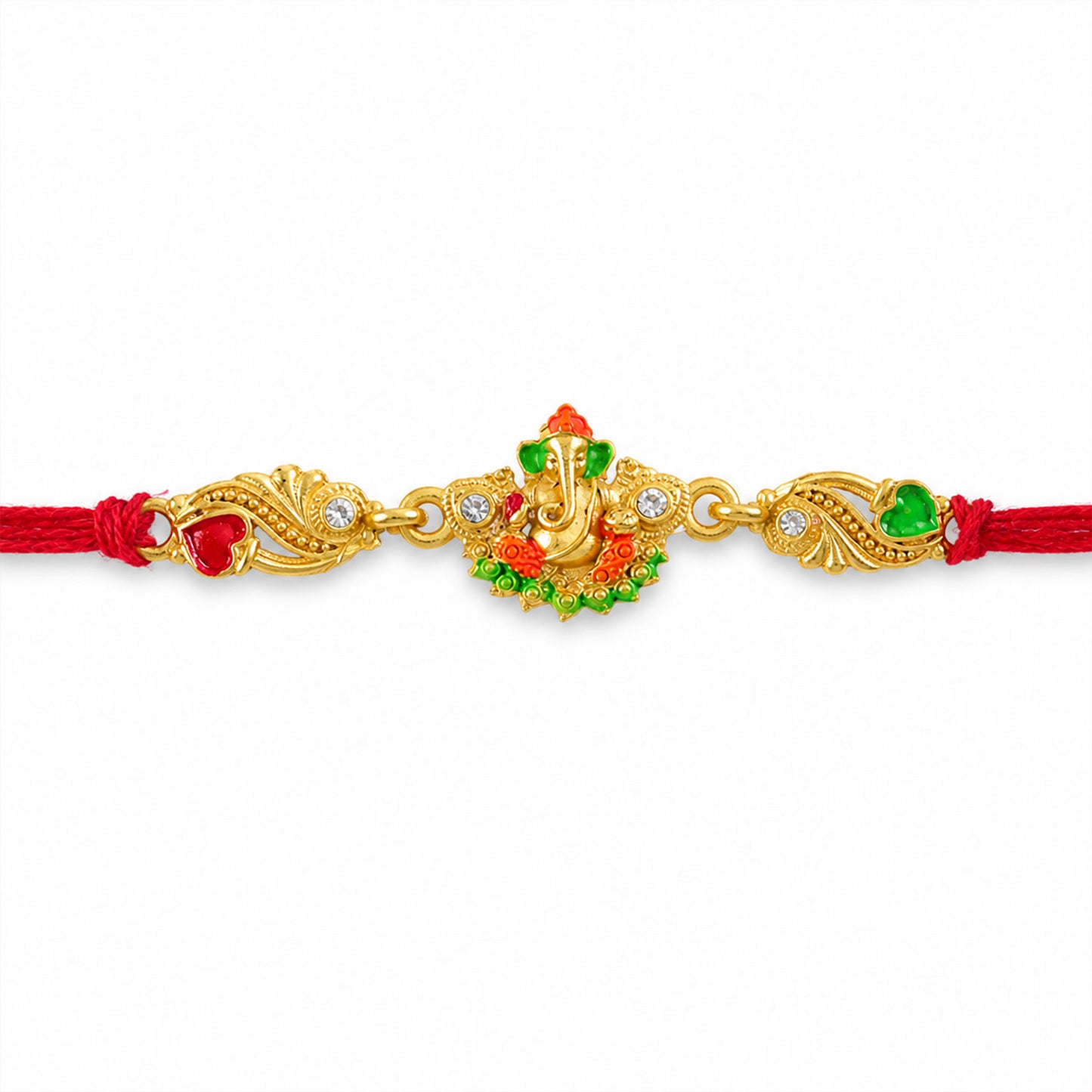 Gold-Toned Lord Ganesha Rakhi with Orange-Green Enamel, Crystal Accents & Red Thread