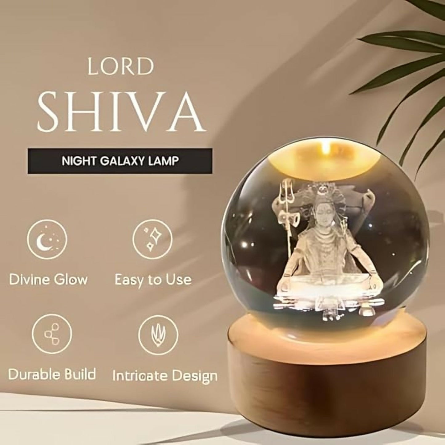 Lord Shiva 3D Crystal Ball Night Lamp with Wooden LED Base for Home Decor
