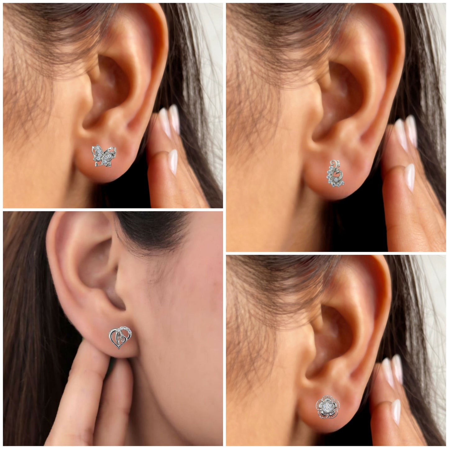 Close-up of sparkling cubic zirconia sterling silver stud earrings in floral and animal shapes