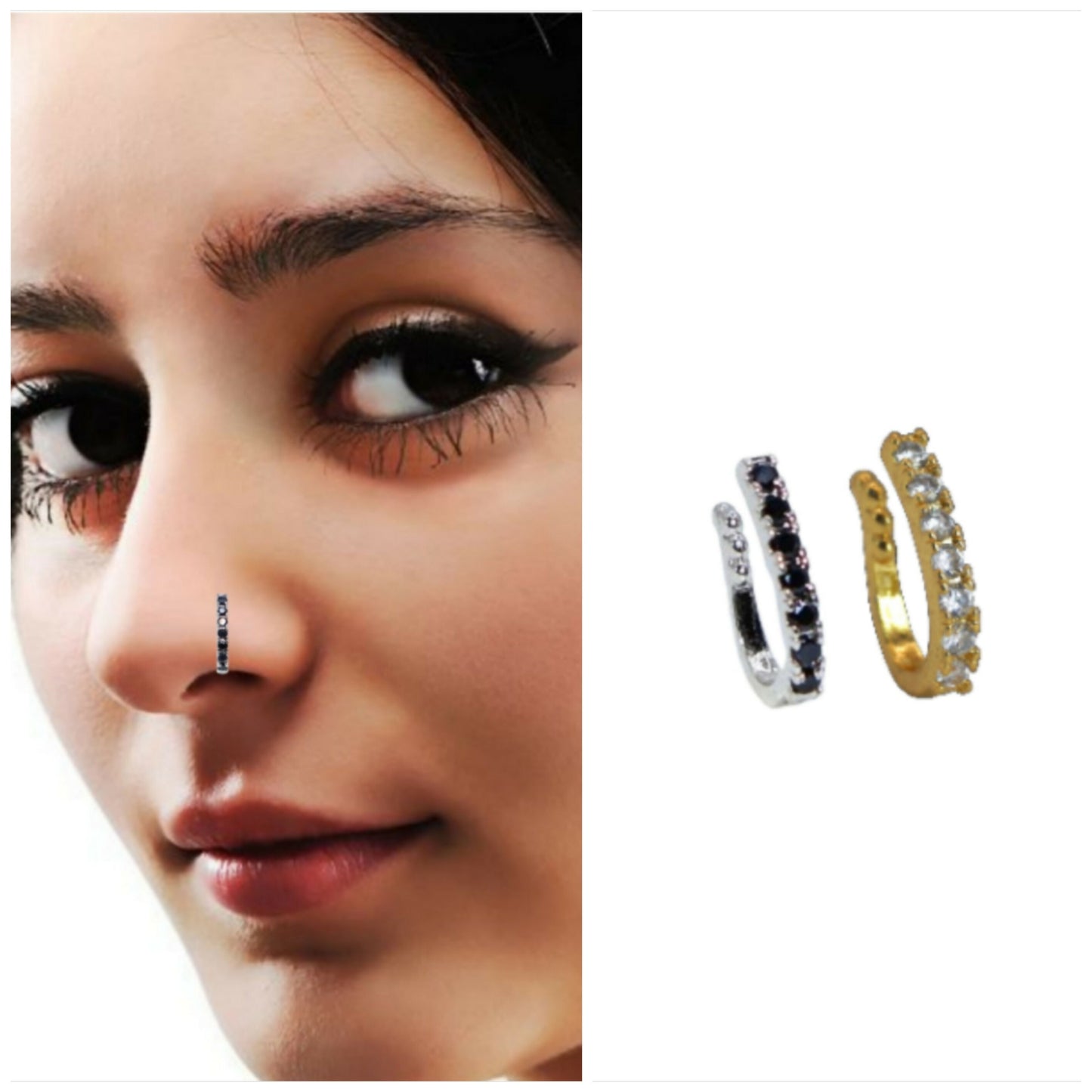 No Piercing Gold Tone Crystal Line Nose CuffCombo Pack of 2