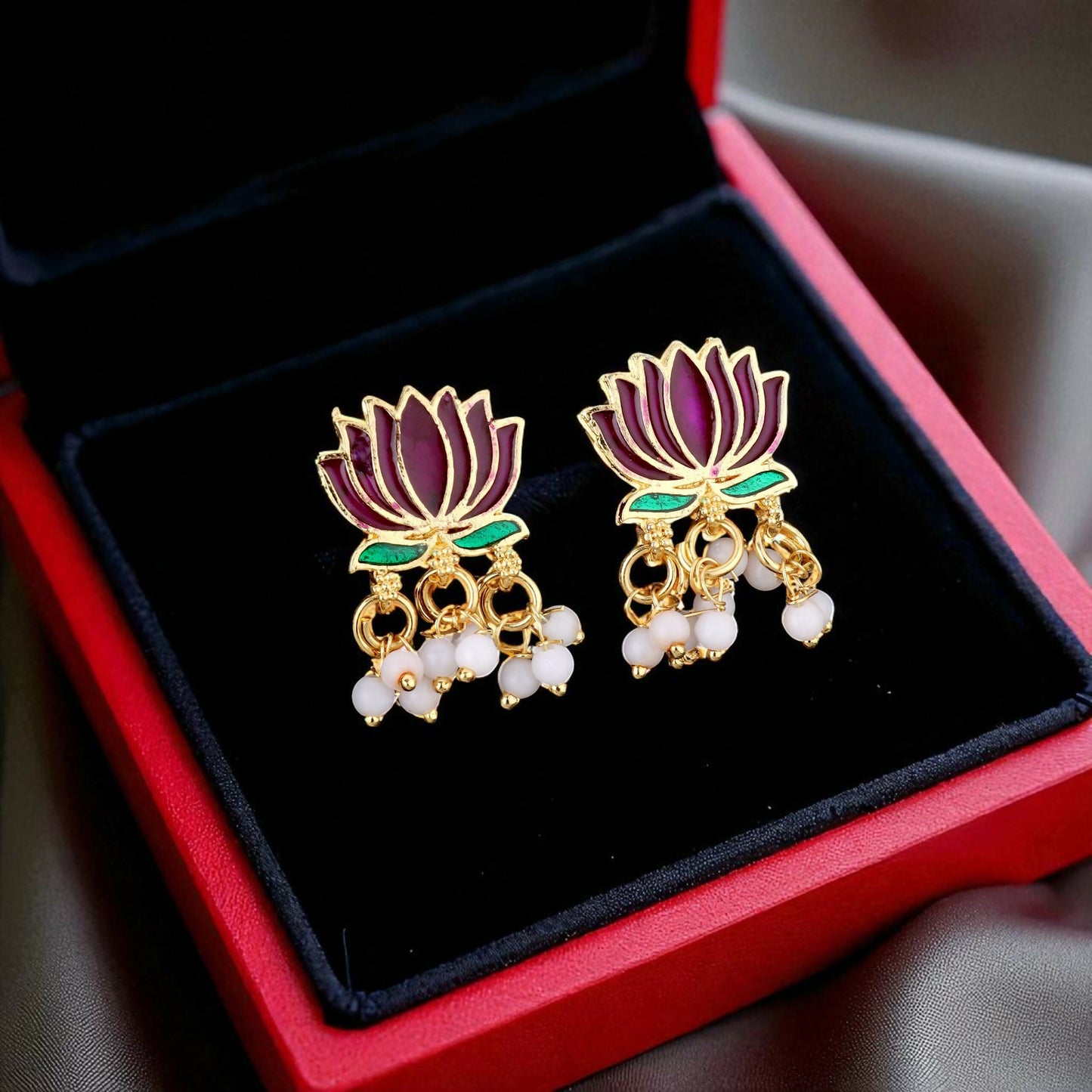 Gold-Toned maroon-Green Enamel Lotus & Pearl Choker Set