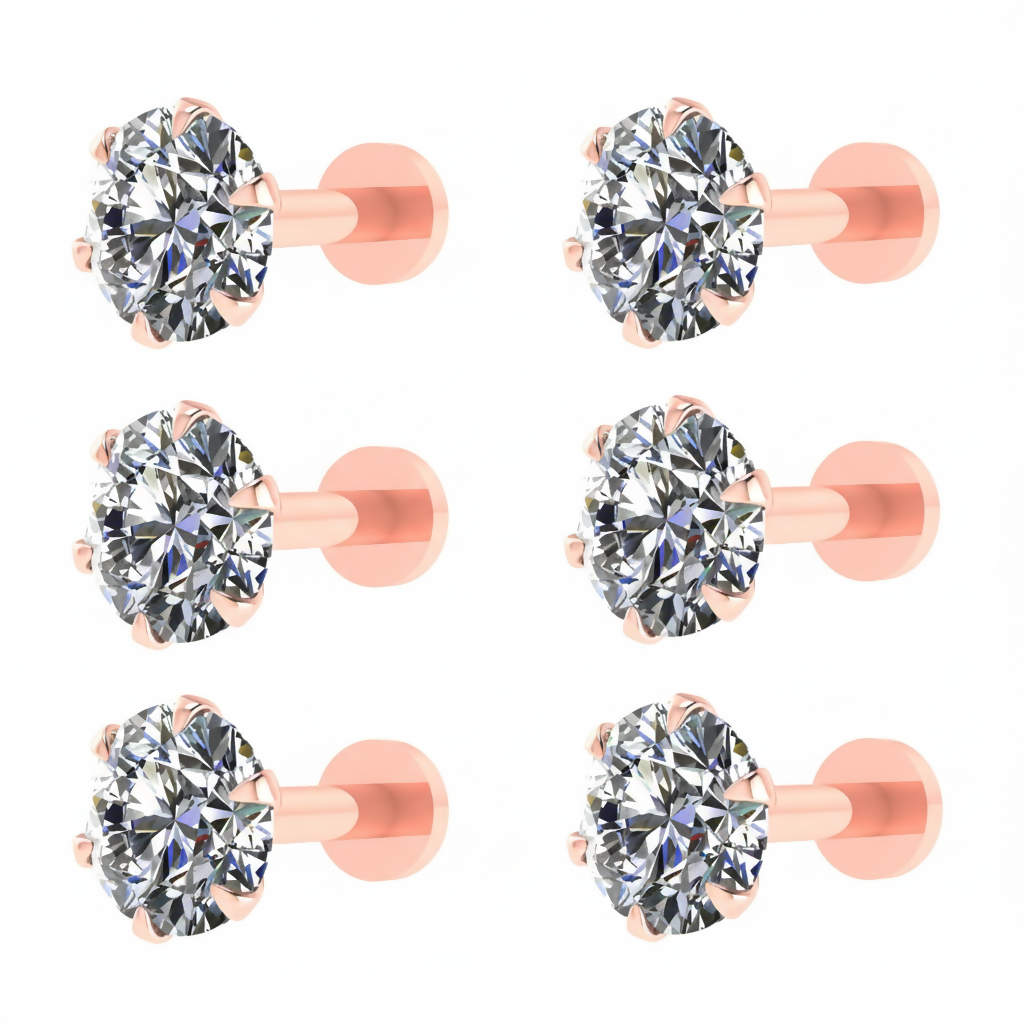 Three pairs of rose gold plated round AD stud earrings in graduated sizes