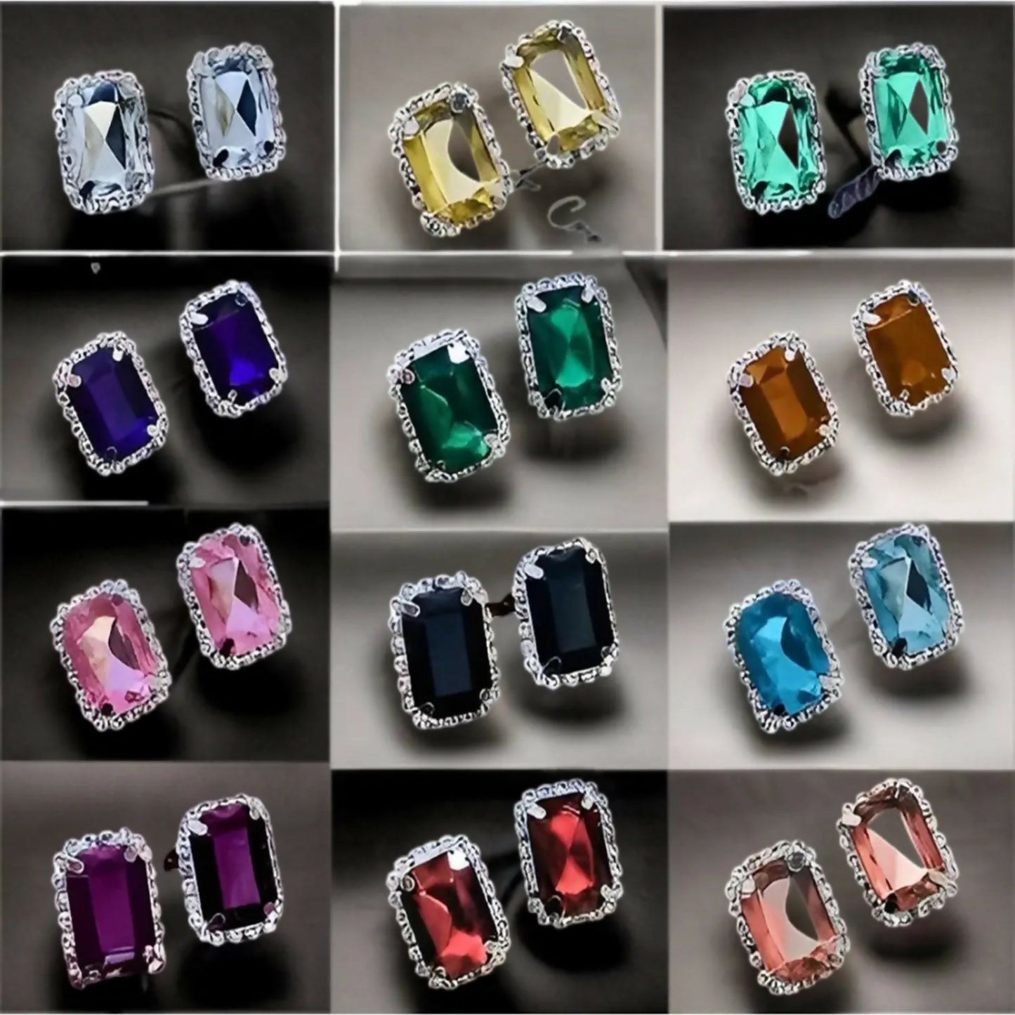 Full set of 12 multi-color emerald cut crystal stud earrings with silver filigree.
