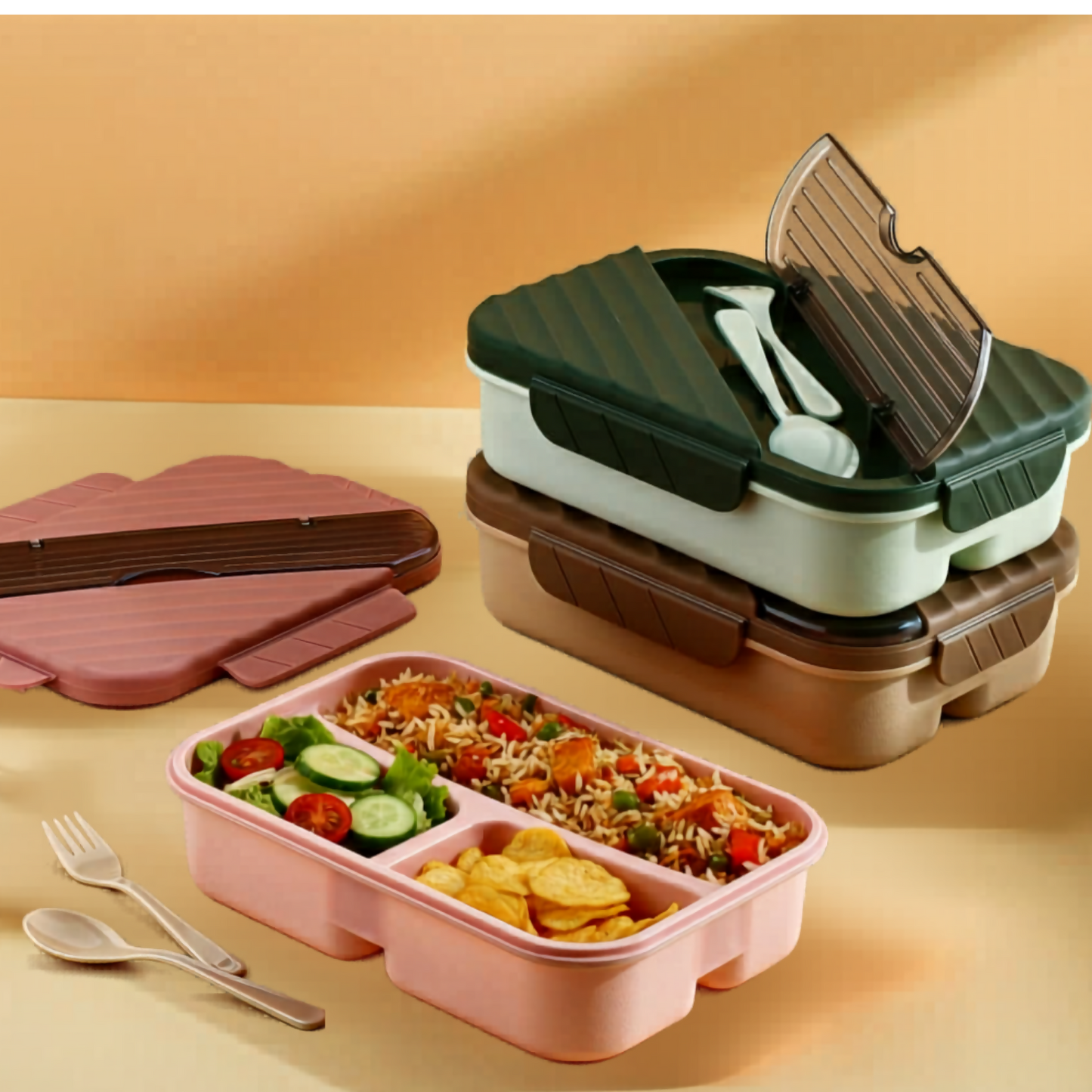Lunch Box with Spoon & Fork Leak Proof Bento Lunch Box for Kids & Adults (3 Compartment)
