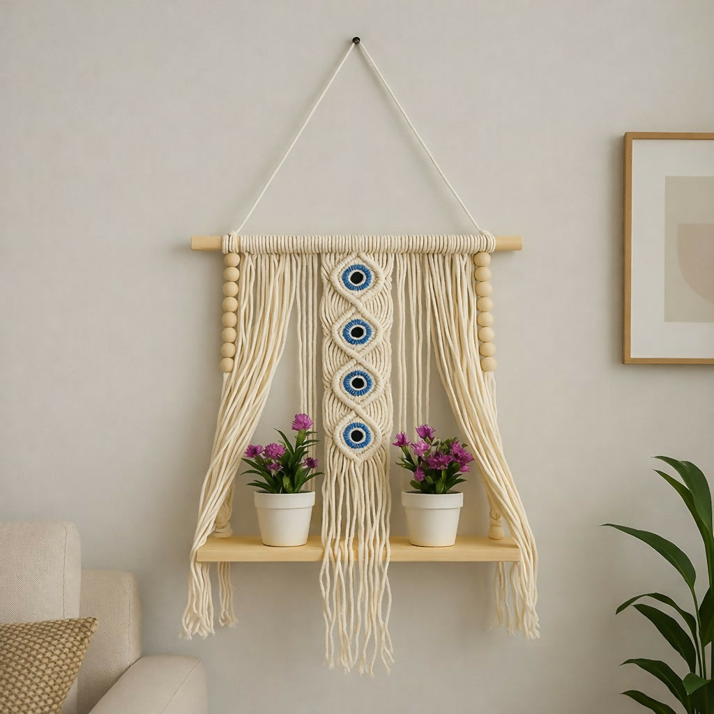 Macrame Wall Hanging Shelf with Evil Eye Decor for Home