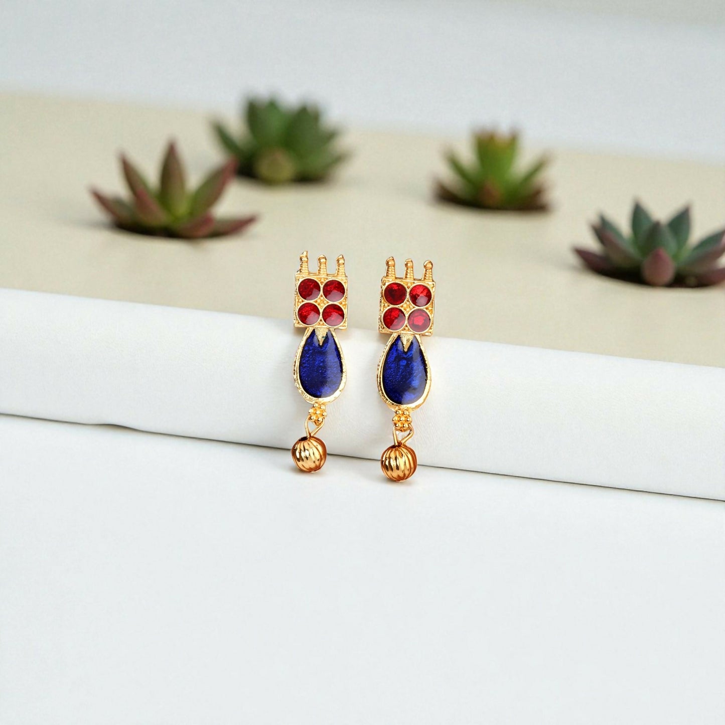 Traditional Gold-Tone Blue-Maroon Enameled Lotus Choker Set