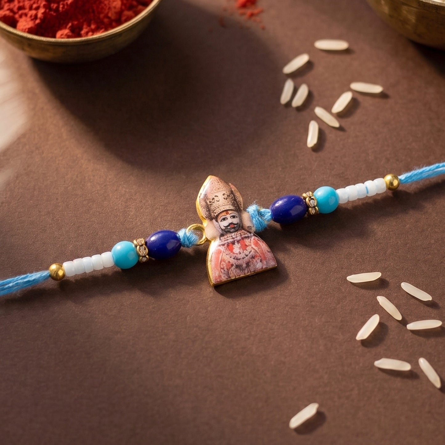 Close-up image of Khatu Shyam Ji Rakhi centerpiece with elegant detailing