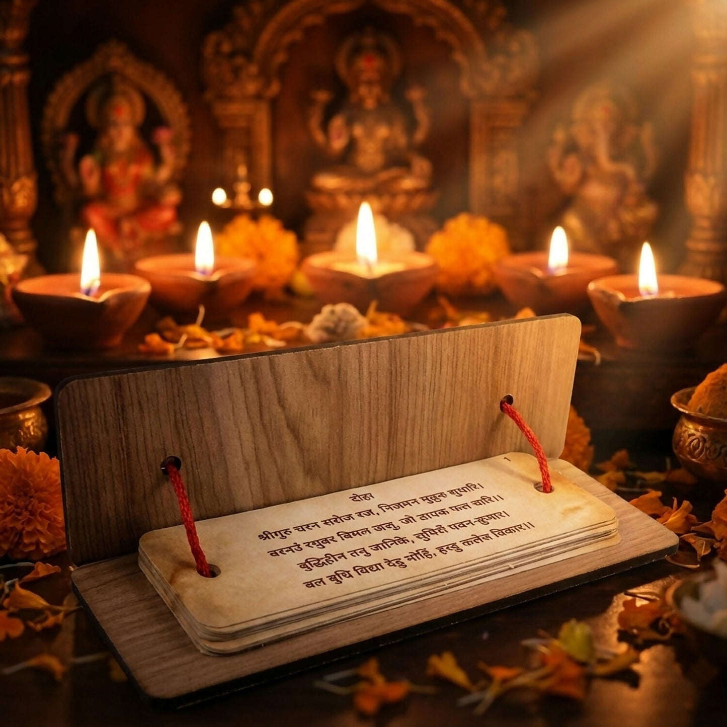 Wooden Hanuman Chalisa Flip Book with Stand, 6 × 2 Inch for Home Mandir & Prayer