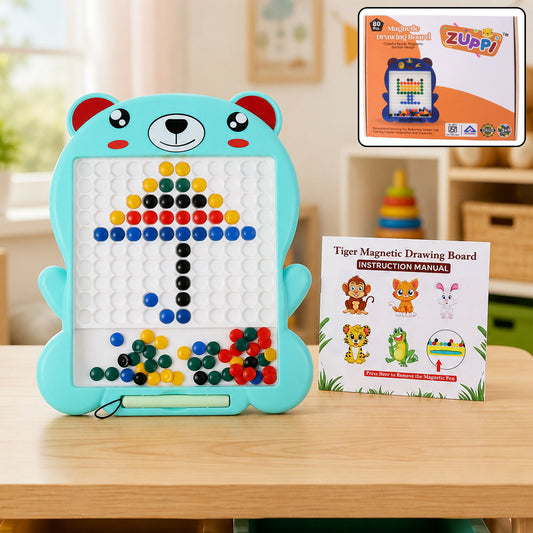 Zuppi Bear Magnetic Drawing Board with a colourful pixel art creation on its surface.