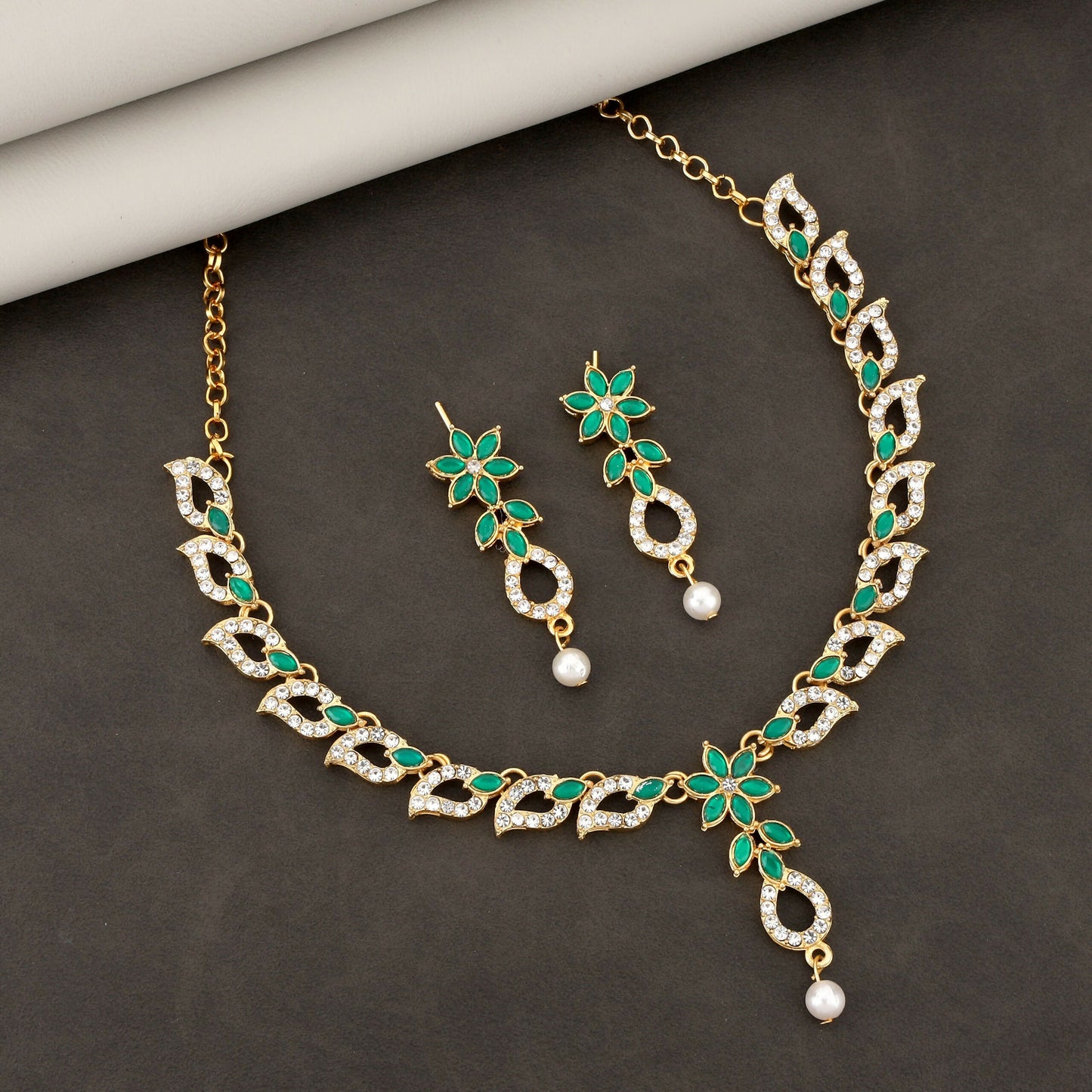 Emerald Green & Crystal Leaf Motif Necklace Set with Pearl Drop