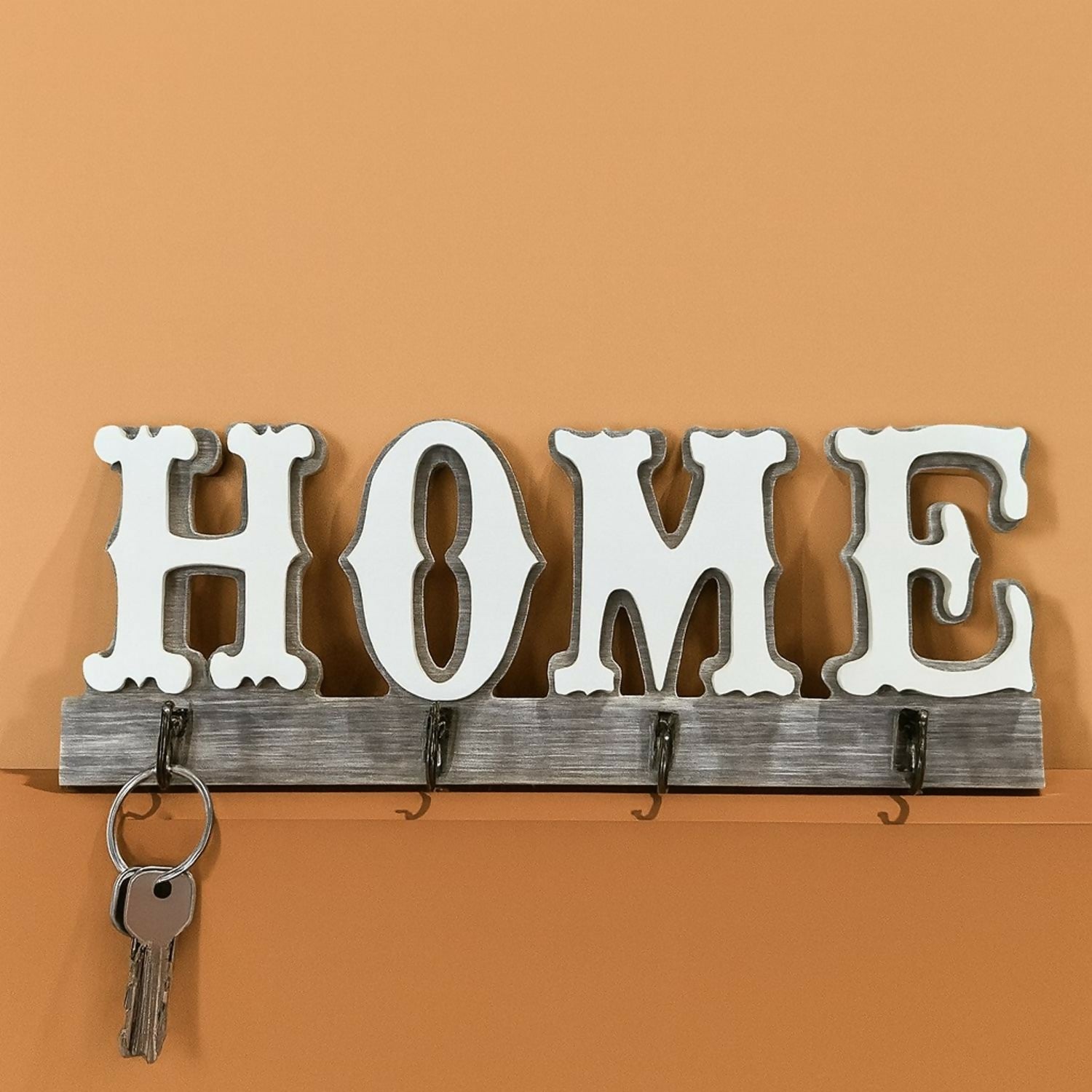 Rustic Wooden Wall Key Holder with “HOME” Letter Design – Decorative Wall Mounted Key Rack with 4 Metal Hooks for Entryway, Living Room & Office Organizer
