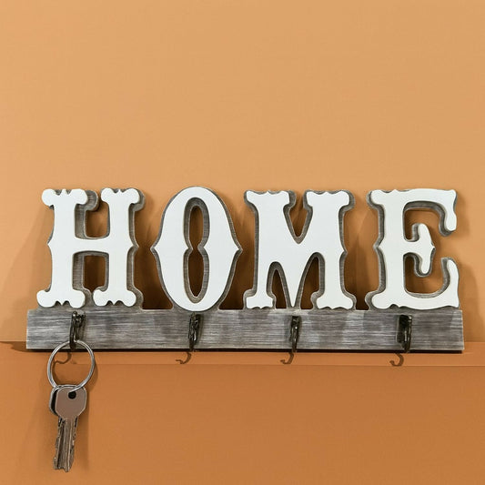 Rustic Wooden Wall Key Holder with “HOME” Letter Design – Decorative Wall Mounted Key Rack with 4 Metal Hooks for Entryway, Living Room & Office Organizer