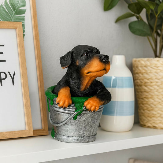 Premium Cute Puppy in Bucket Resin Showpiece for Home Décor | Hand-Painted Dog Figurine with Silver Bucket & Green Spill Design | Tabletop Decorative Statue for Living Room, Bedroom, Office & Gifting