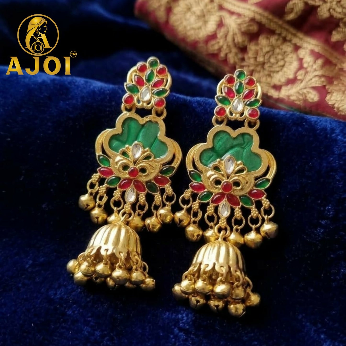 Royal Green Kundan Jhumka Earrings with Gold Finish & Ghungroo Drops
