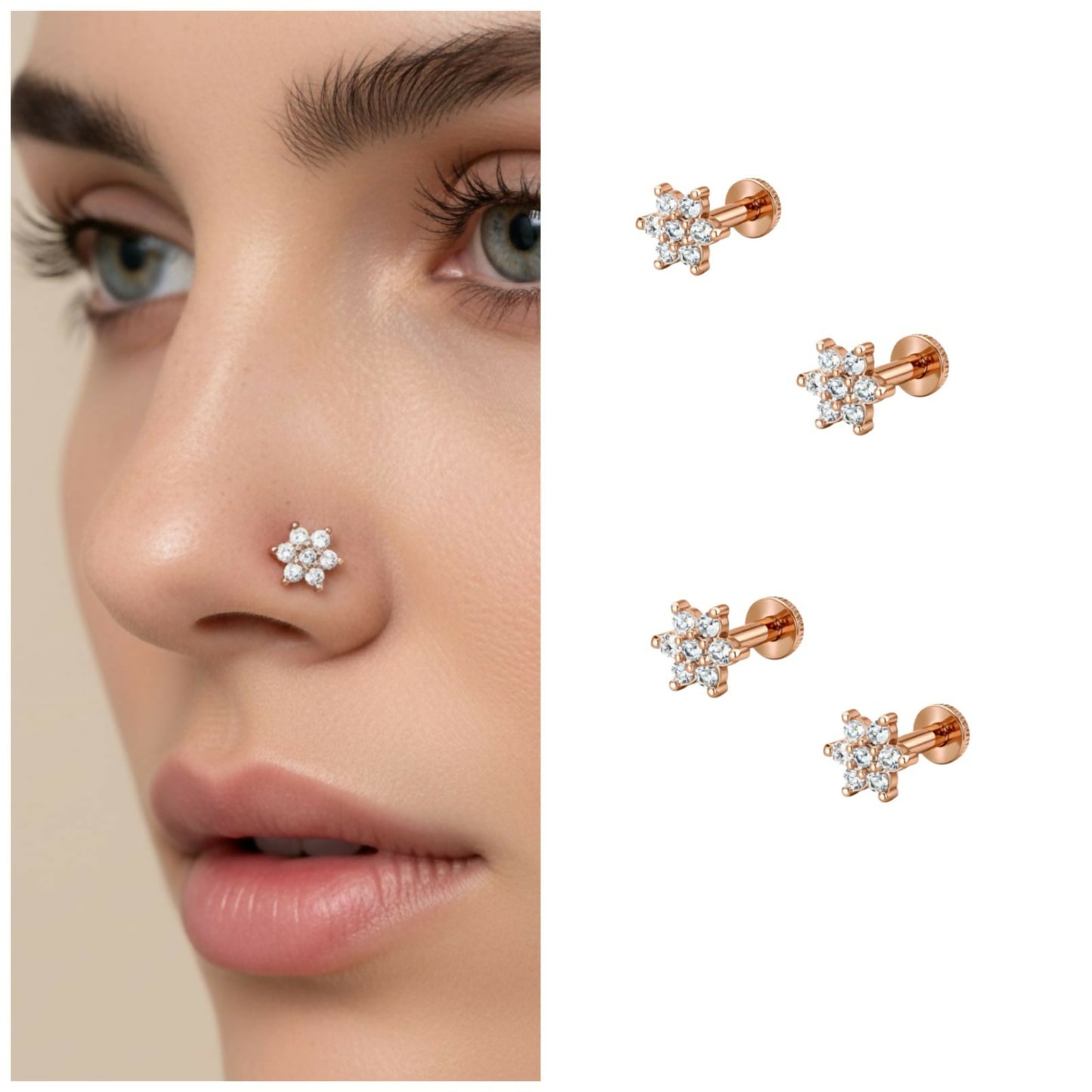 Close-up of rose gold plated crystal flower labret nosepin showing delicate seven-crystal design