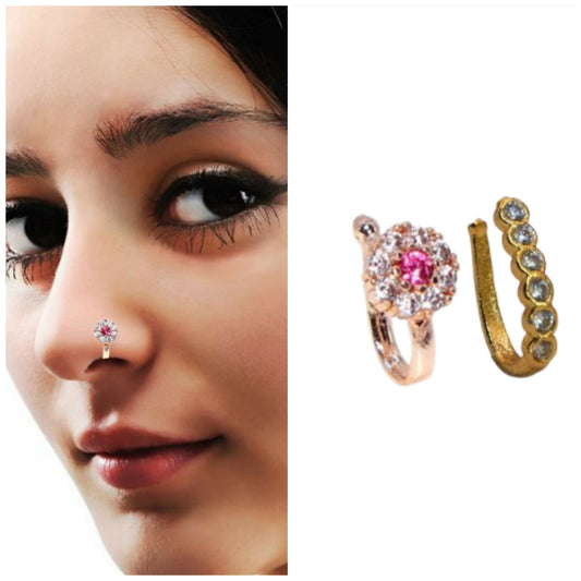 2Pc Gold Rose Gold AD Non-Piercing Nose Ring & Side Cuff Set