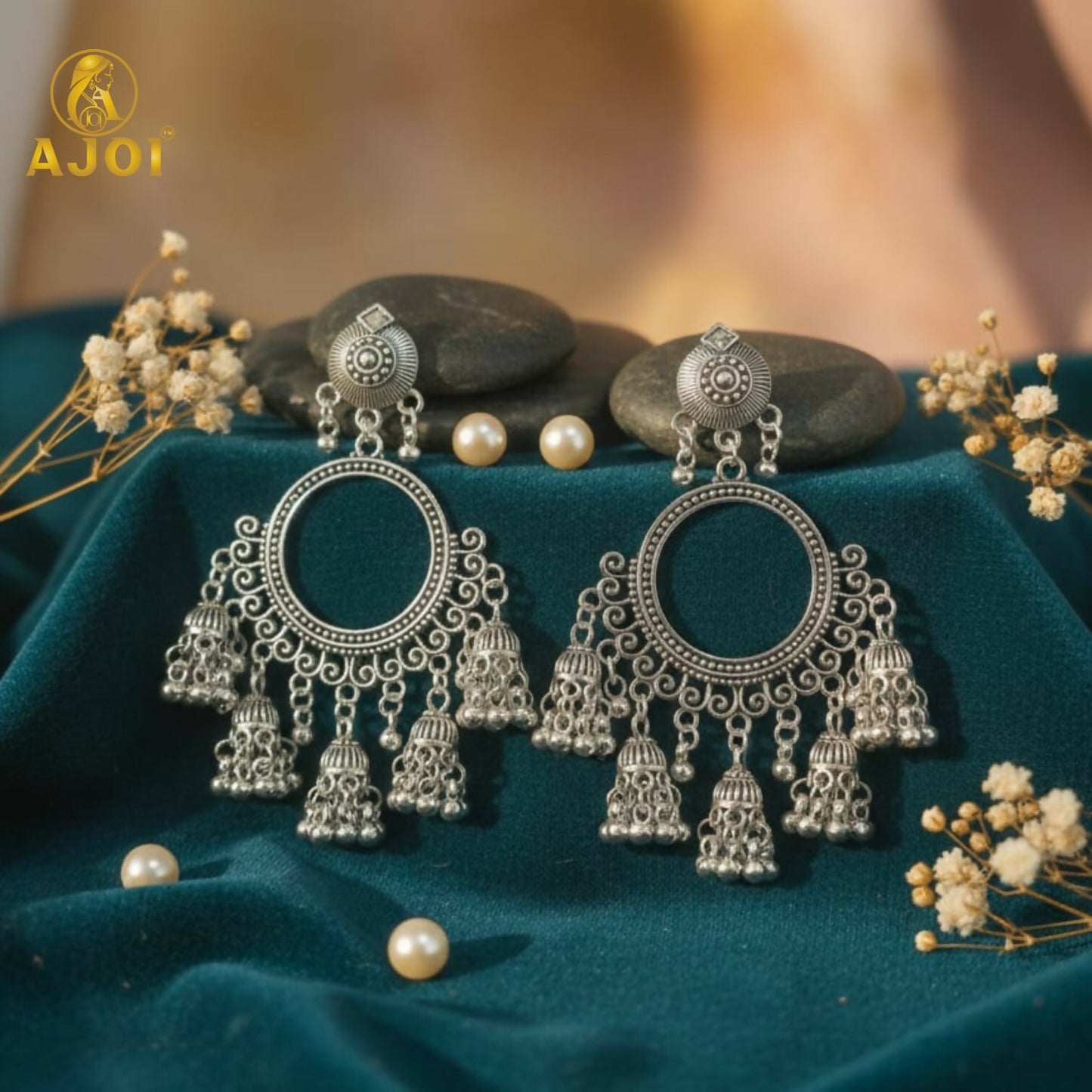 Premium Oxidised Silver Boho Chandbali Jhumka Earrings