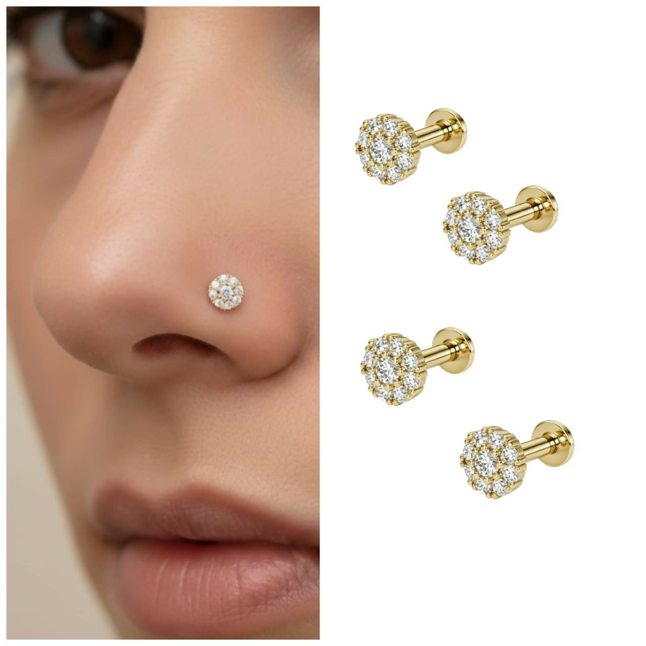 Close up of gold plated floral cluster nose stud with flat back post