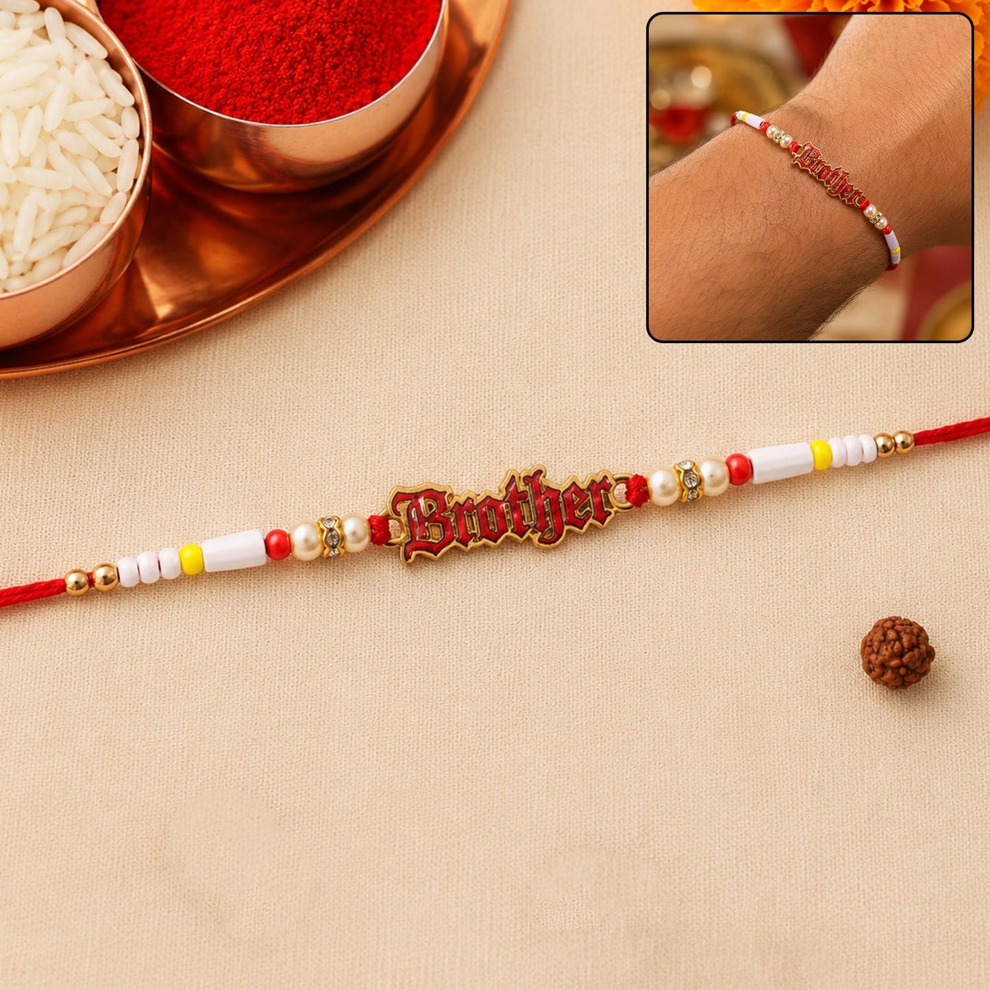 Text Charm Pearl Beads Rakhi Elegant Raksha Bandhan Gift (10pcs)