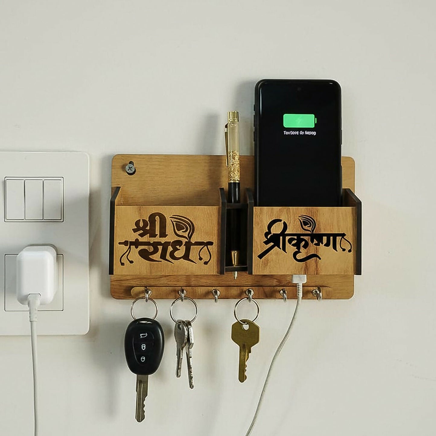 Wooden wall mounted key holder with mobile stand and hooks