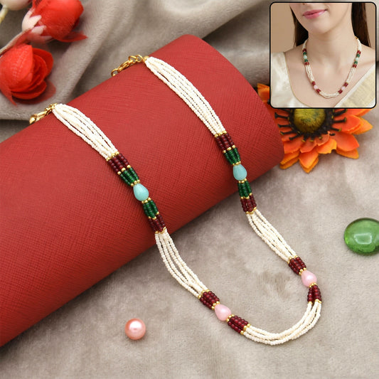 Elegant multi-layer pearl necklace with red, green, and pastel stone accents