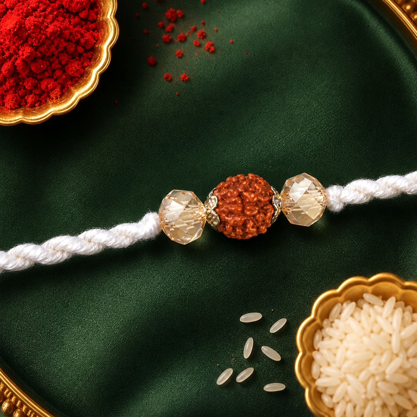 White Thread Rakhi with Rudraksha Bead and Sparkling Crystal Accents