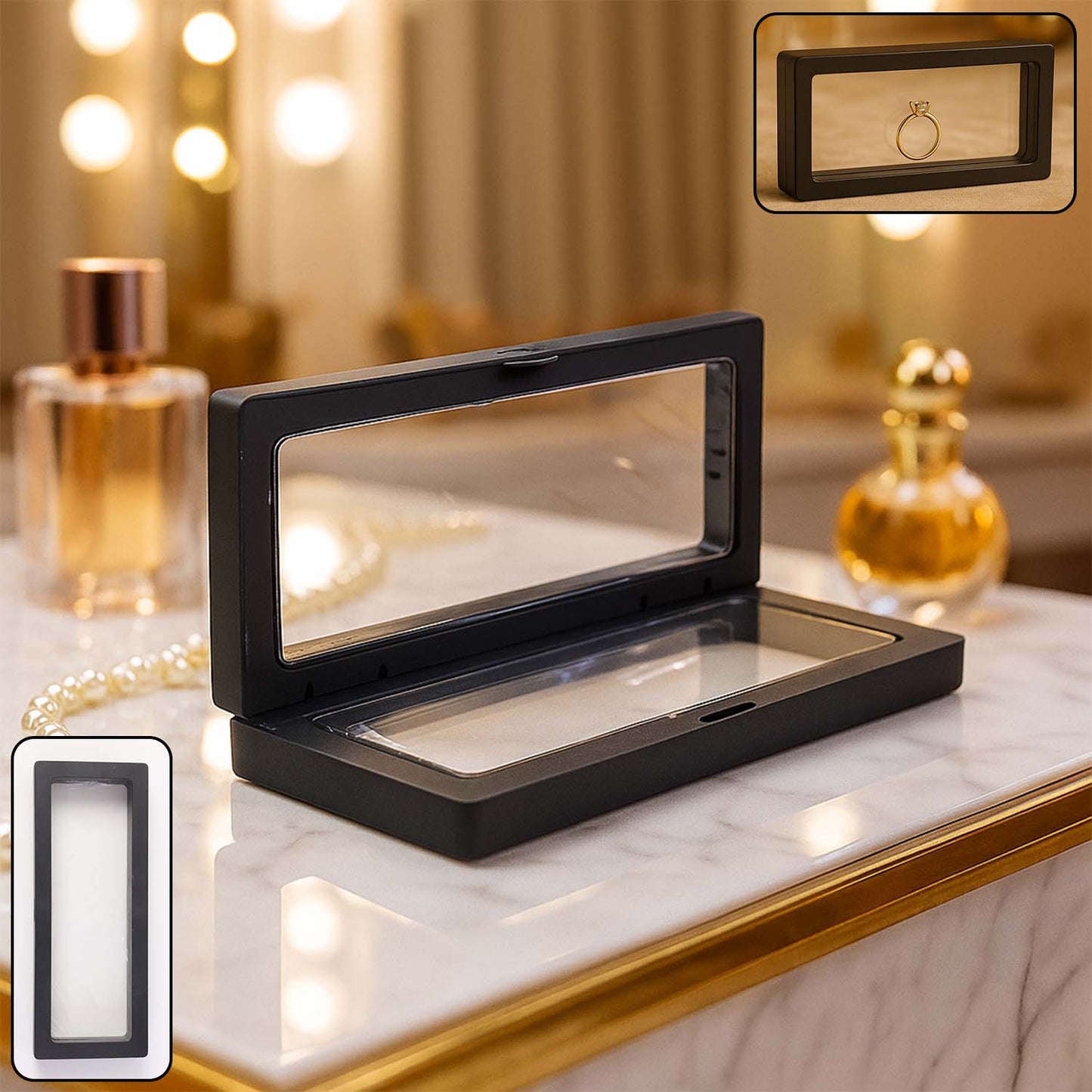 Transparent floating jewellery display box 18x7cm with rings