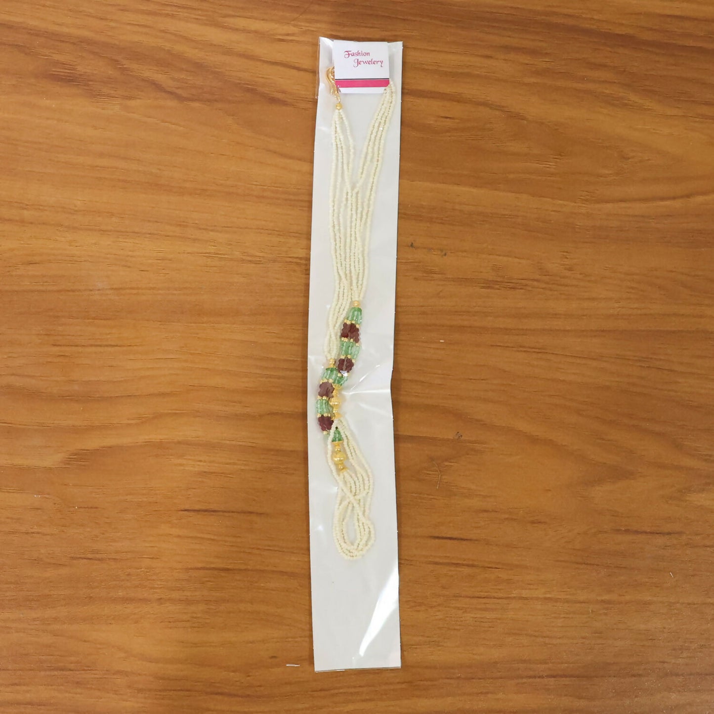 Elegant White Beaded Mala with Red & Green Traditional Design for Women