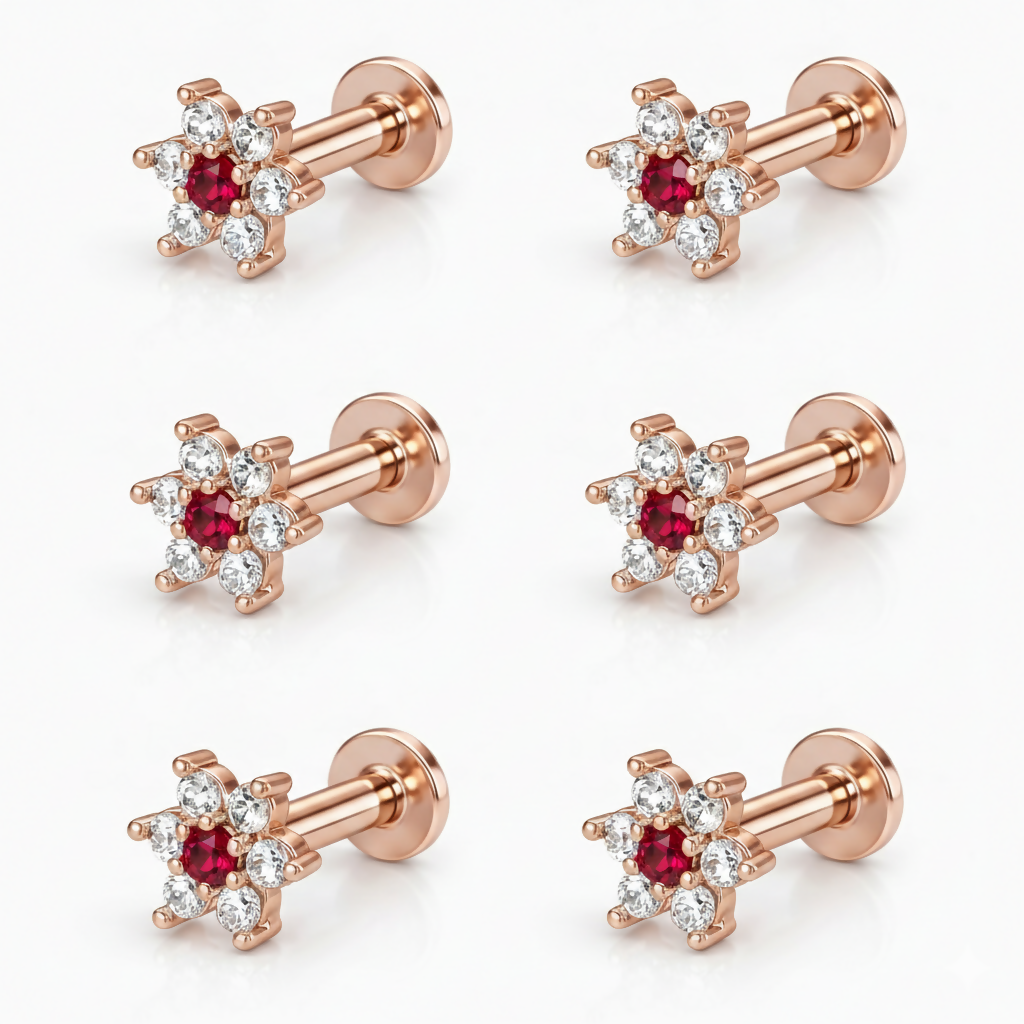 Flat back screw-post design on rose gold ruby floral stud earring