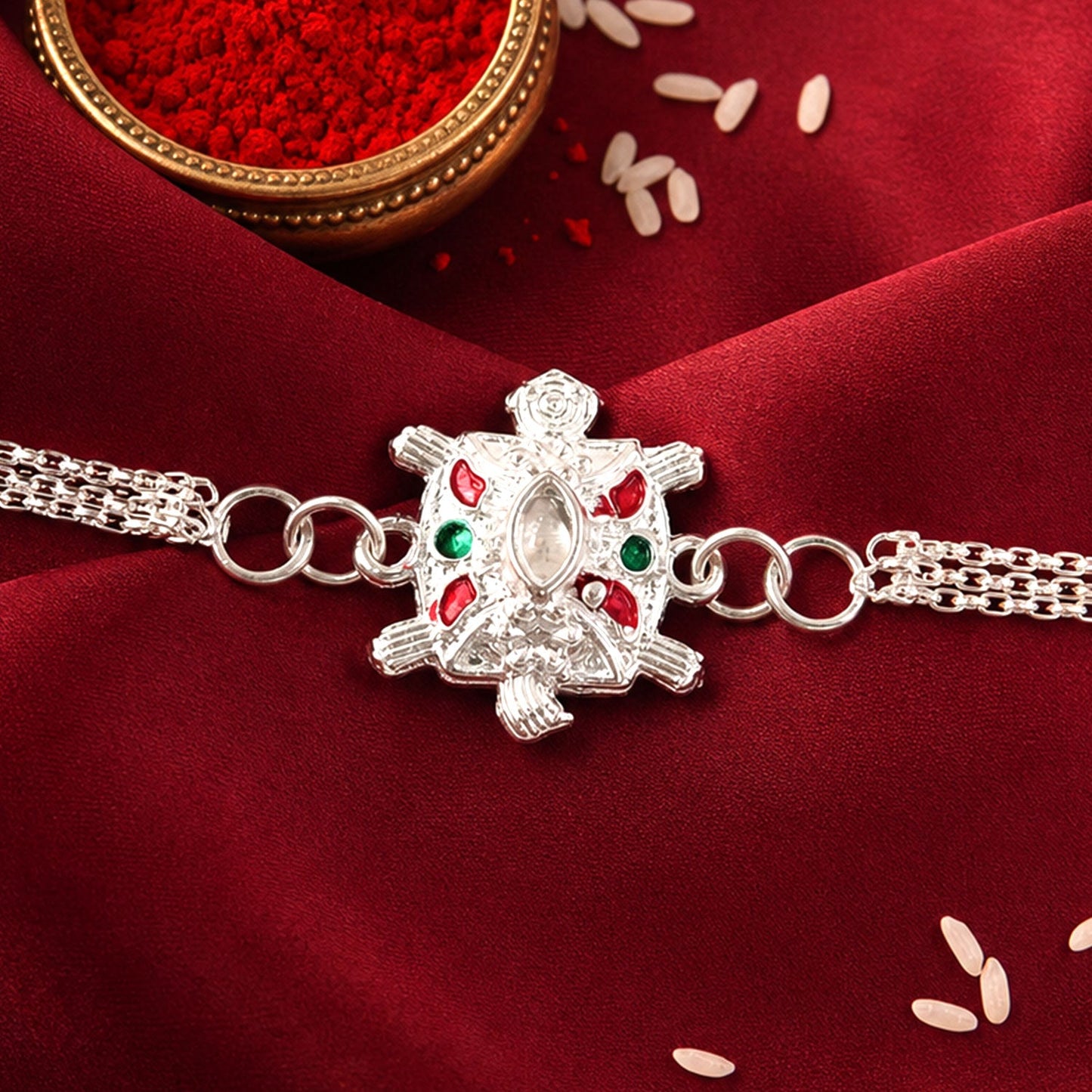 Turtle Rakhi Silver Finish with Enamel Highlights (5pcs)