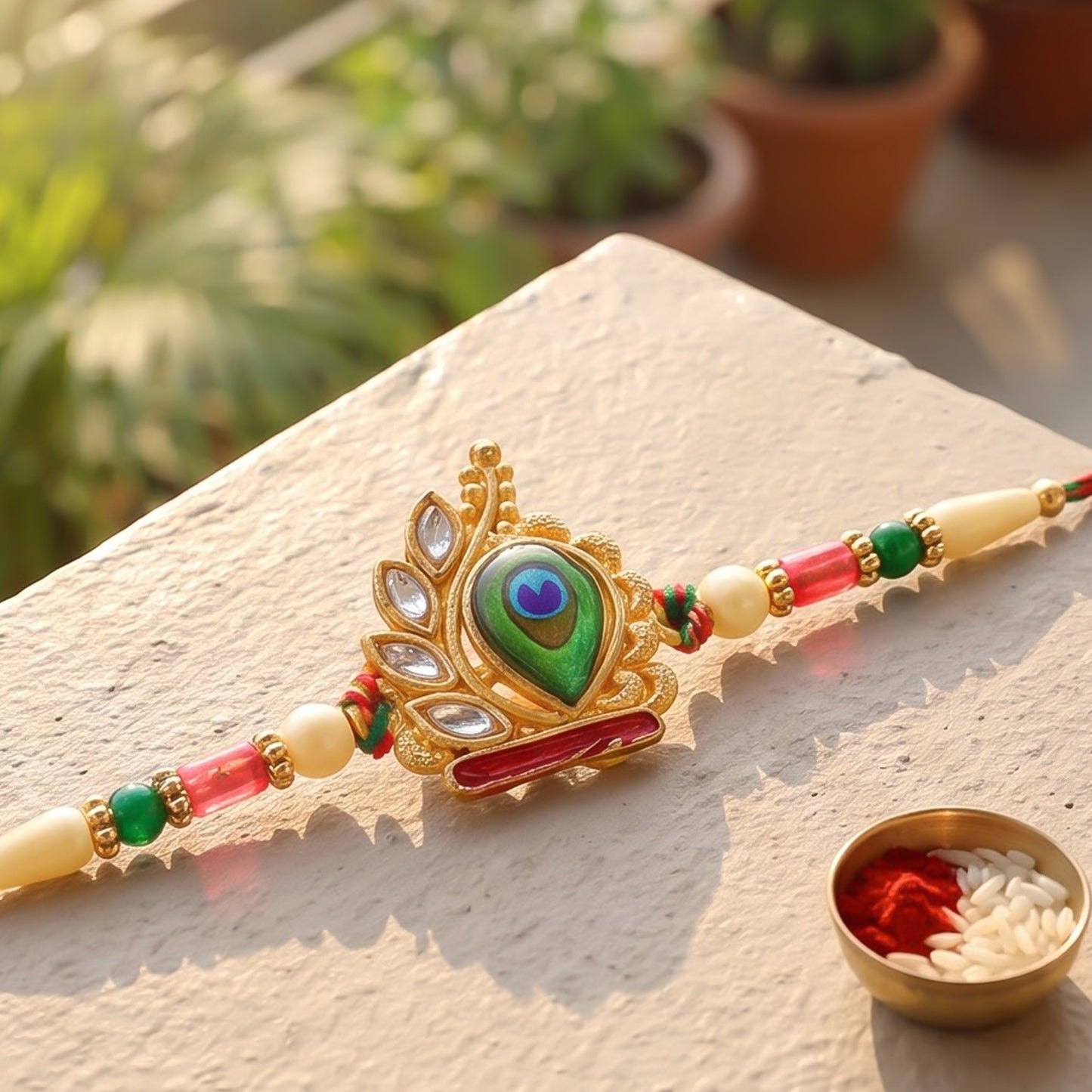 Peacock Feather Crown Kundan Pendant Rakhi with Pearl Beads