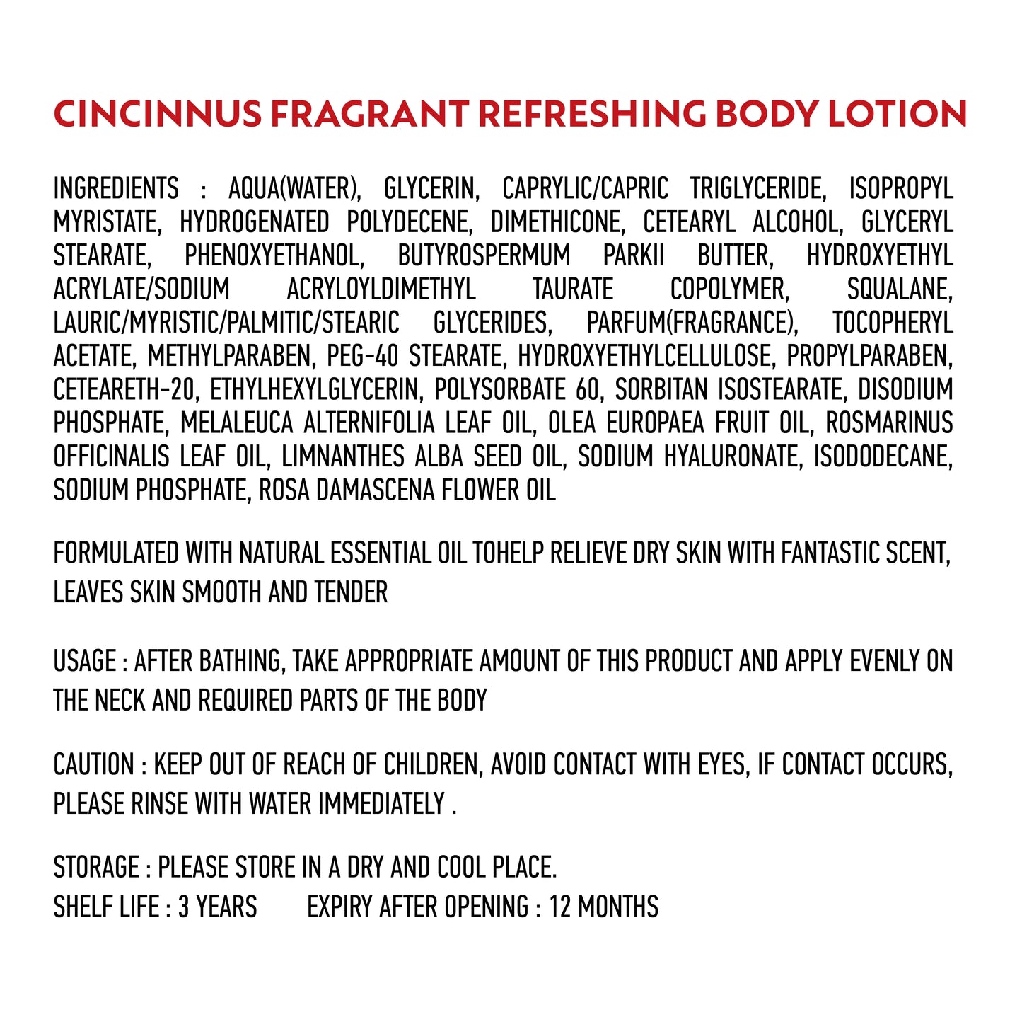 CINCINNUS Essential Oil Scented Fragrant Refreshing Body Lotion