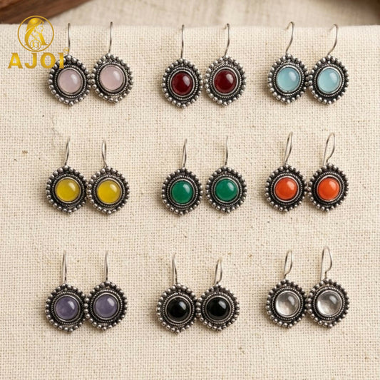 Oxidized silver round stone earrings set of 9 with beaded borders
