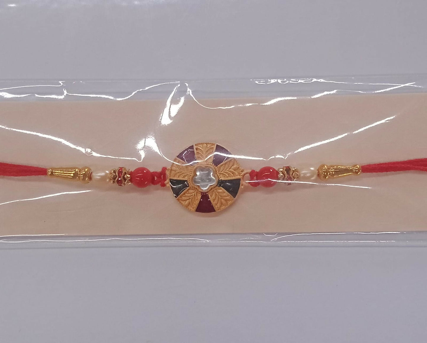 Multicolor Kundan Rakhi Golden Floral Design with Beaded Red Thread (5pcs)