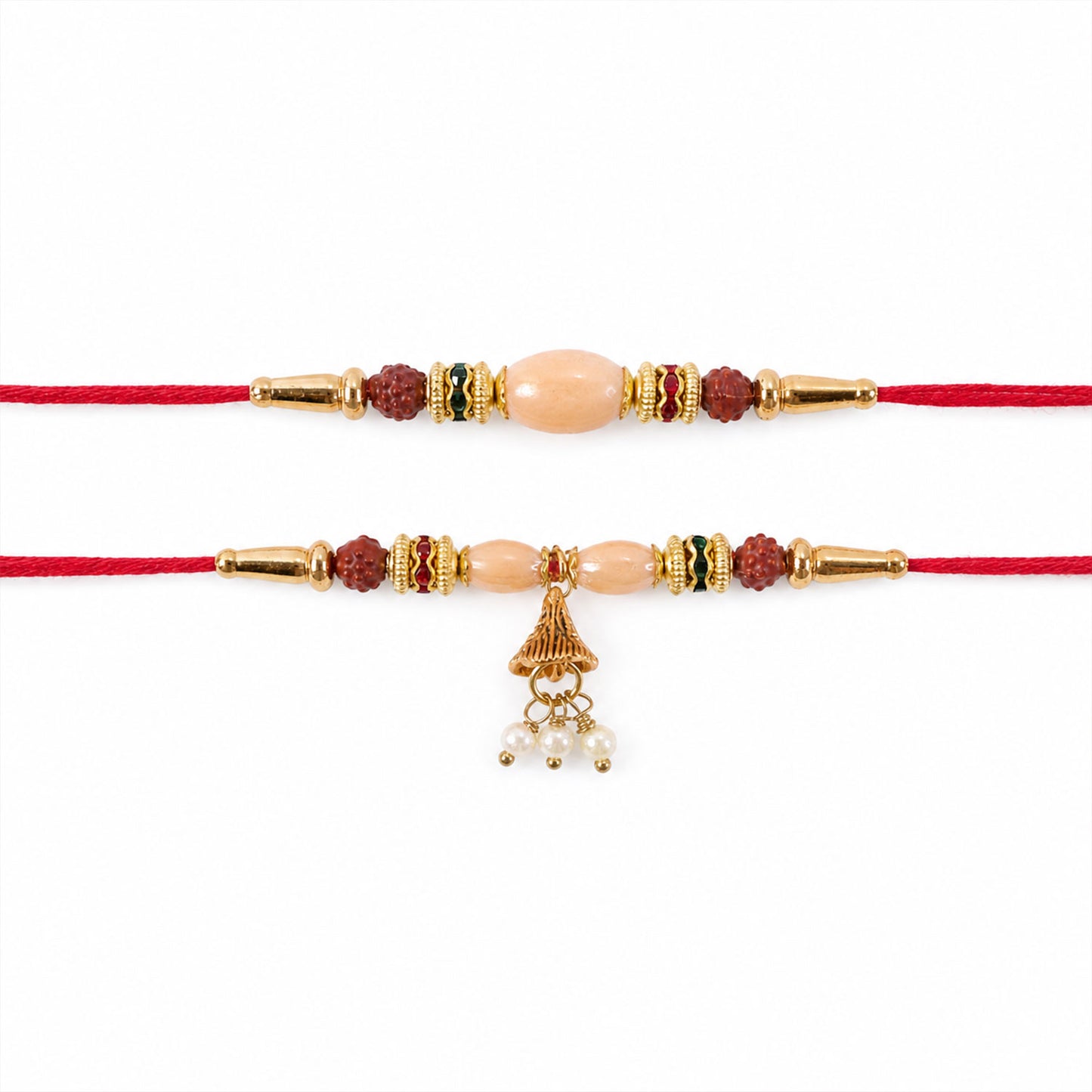 Couple Rakhi with Peach Oval Center Bead and Pearl Drop Charm