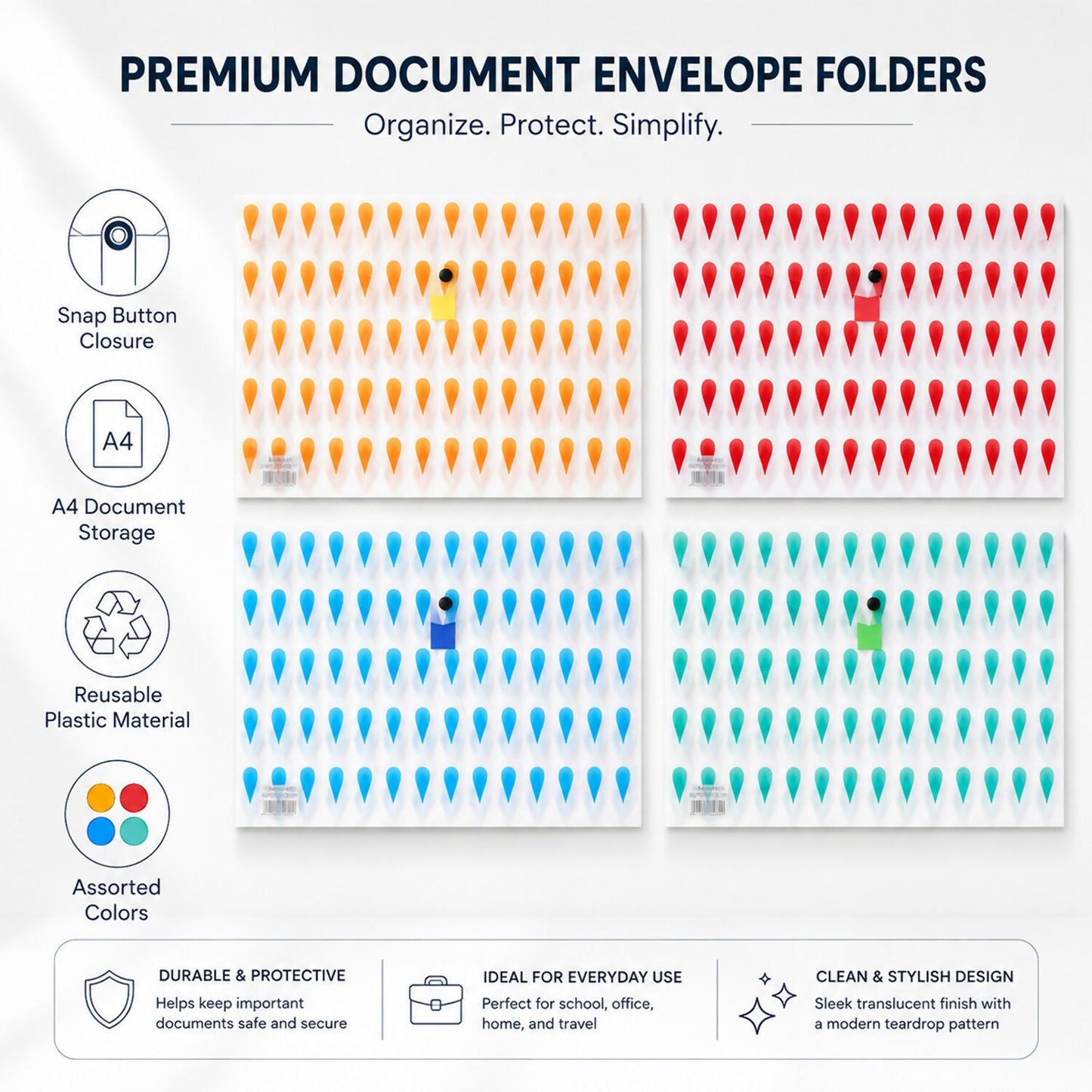 Semi-transparent A4 document envelope folders stacked