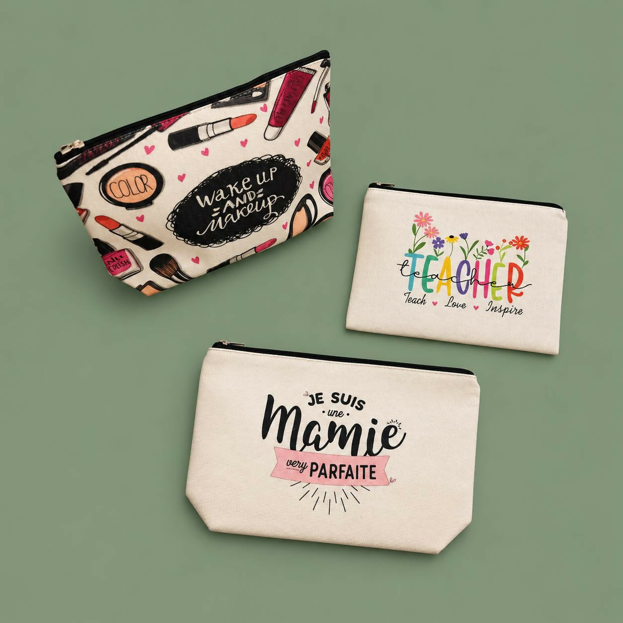 Side view of compact printed zipper pouch