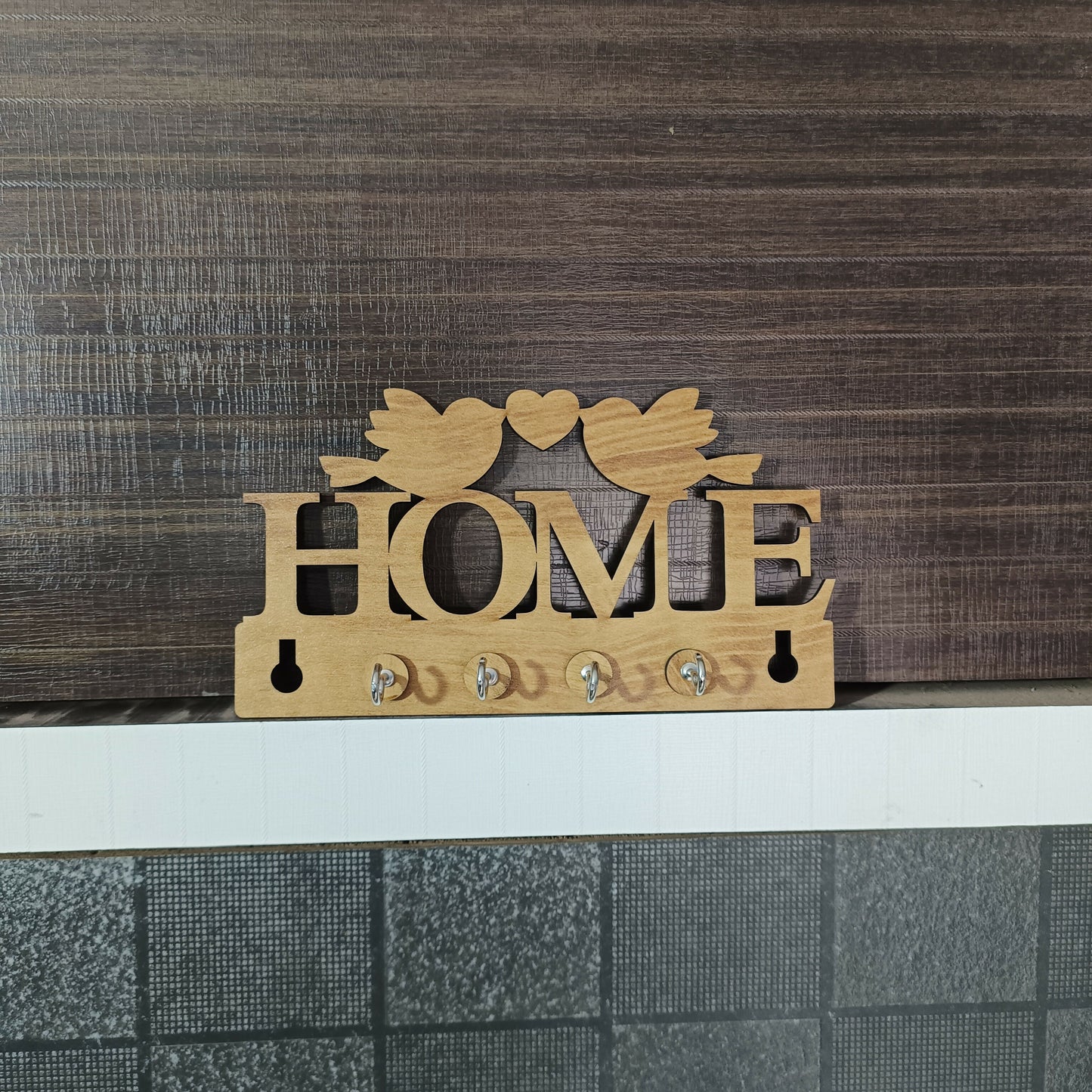 Wooden Key Holder for Wall “HOME” with Birds – Decorative MDF Wall Key Organizer | Home Décor Key Stand