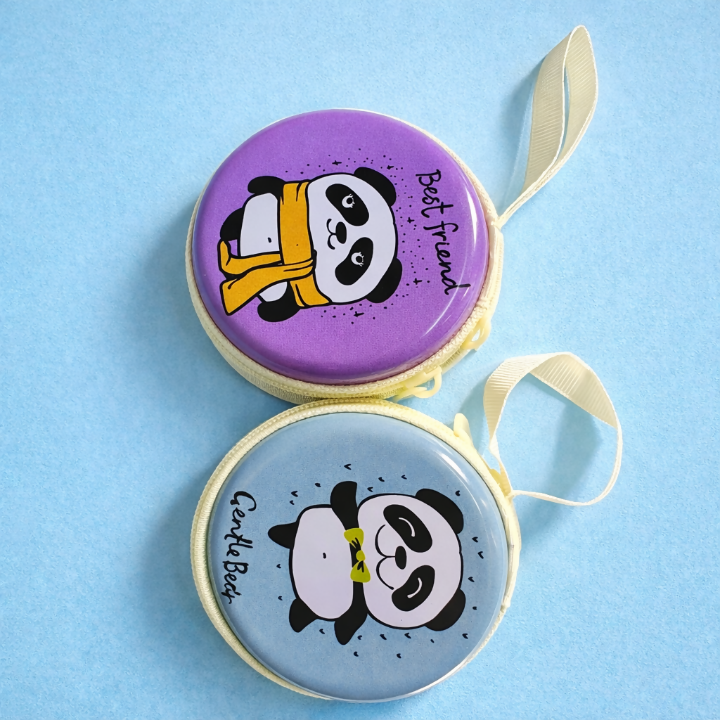 Front view of panda print round zipper pouch