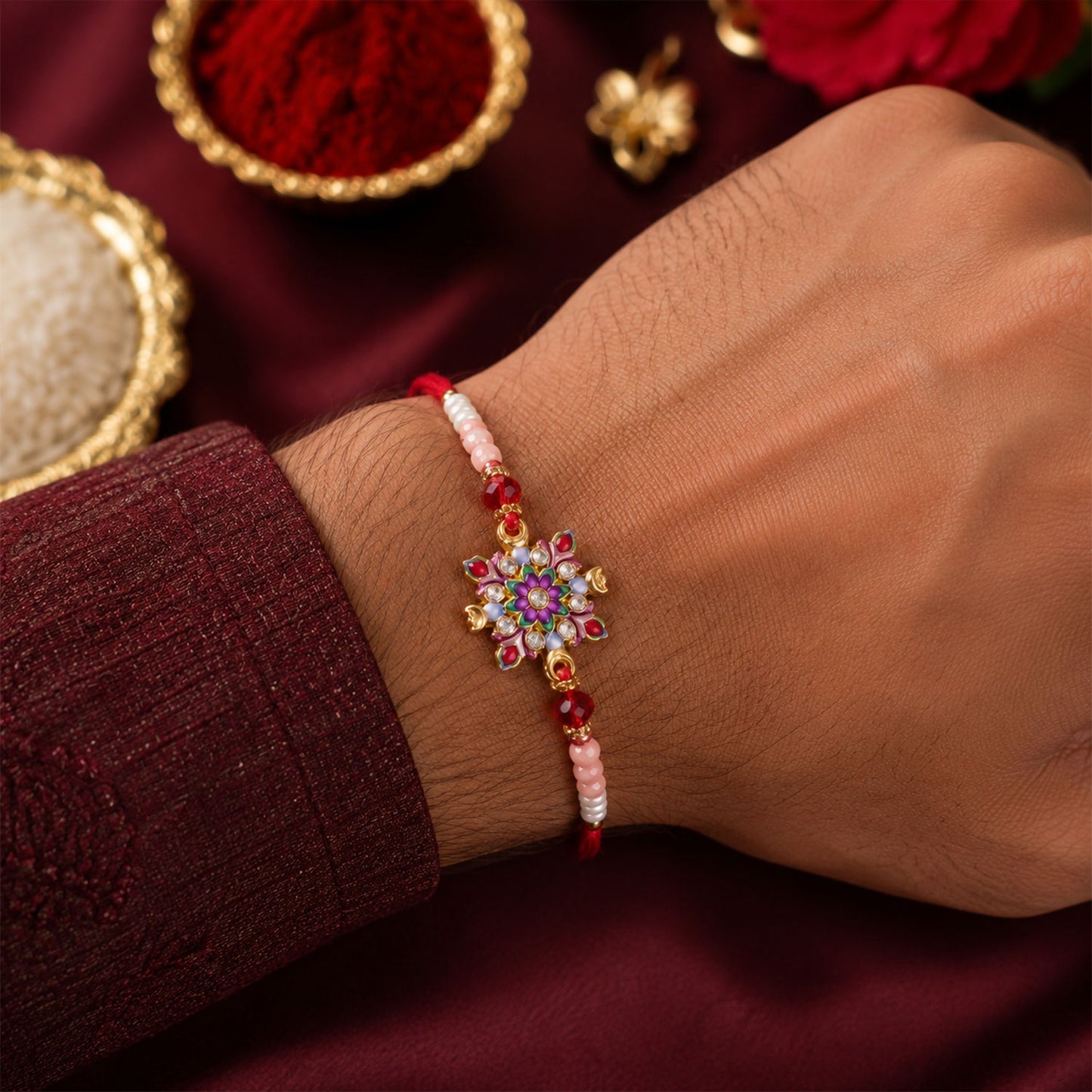 Designer Floral Bhaiya Bhabhi Rakhi Set with Colorful Stones and Lumba Rakhi