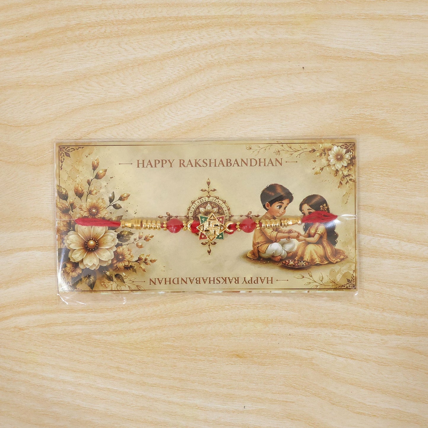 Golden Swastik Motif Rakhi with Enamel and Beadwork for Brother (5pcs)