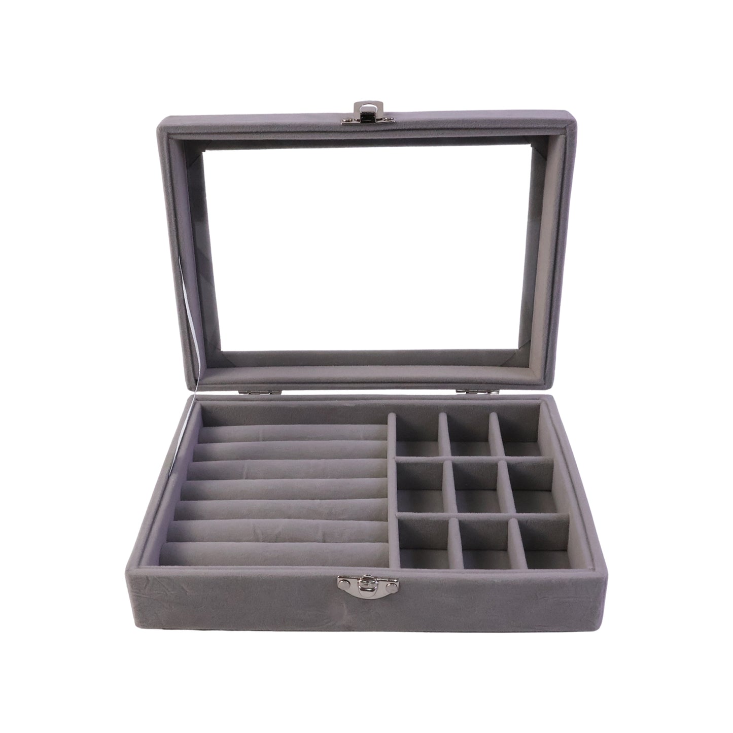 Top view of velvet jewellery box with transparent lid