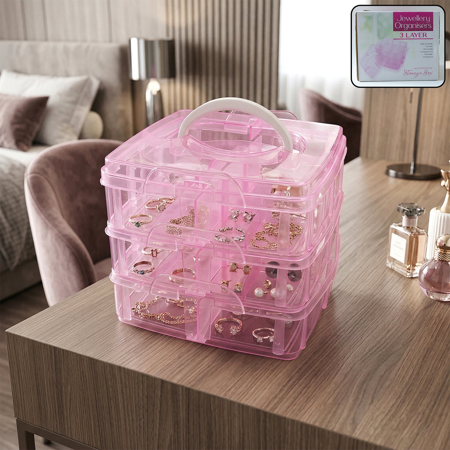 3-tier clear craft storage box with adjustable compartments