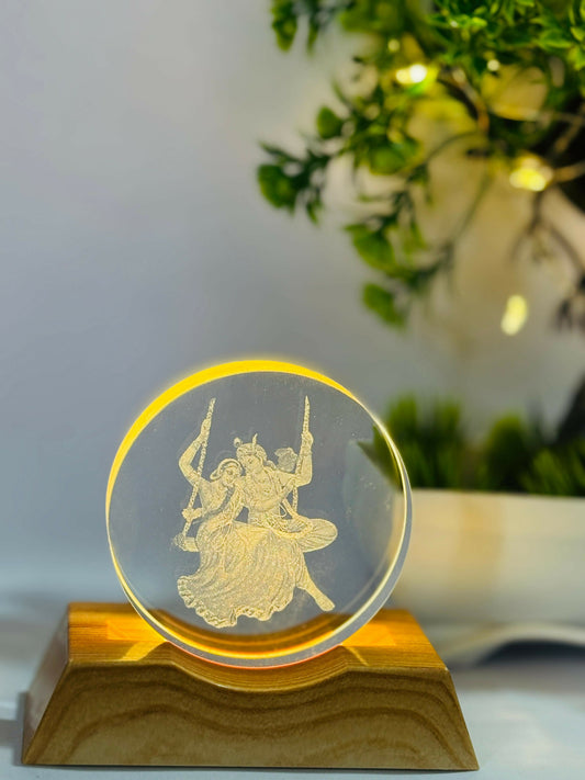 Premium Radha Krishna LED Crystal Showpiece with Wooden Base | 3D Laser Engraved Radha Krishna Idol Light | Decorative Night Lamp for Home Temple, Living Room, Gift & Festive Decor | Warm LED Glow Spiritual Table Showpiece