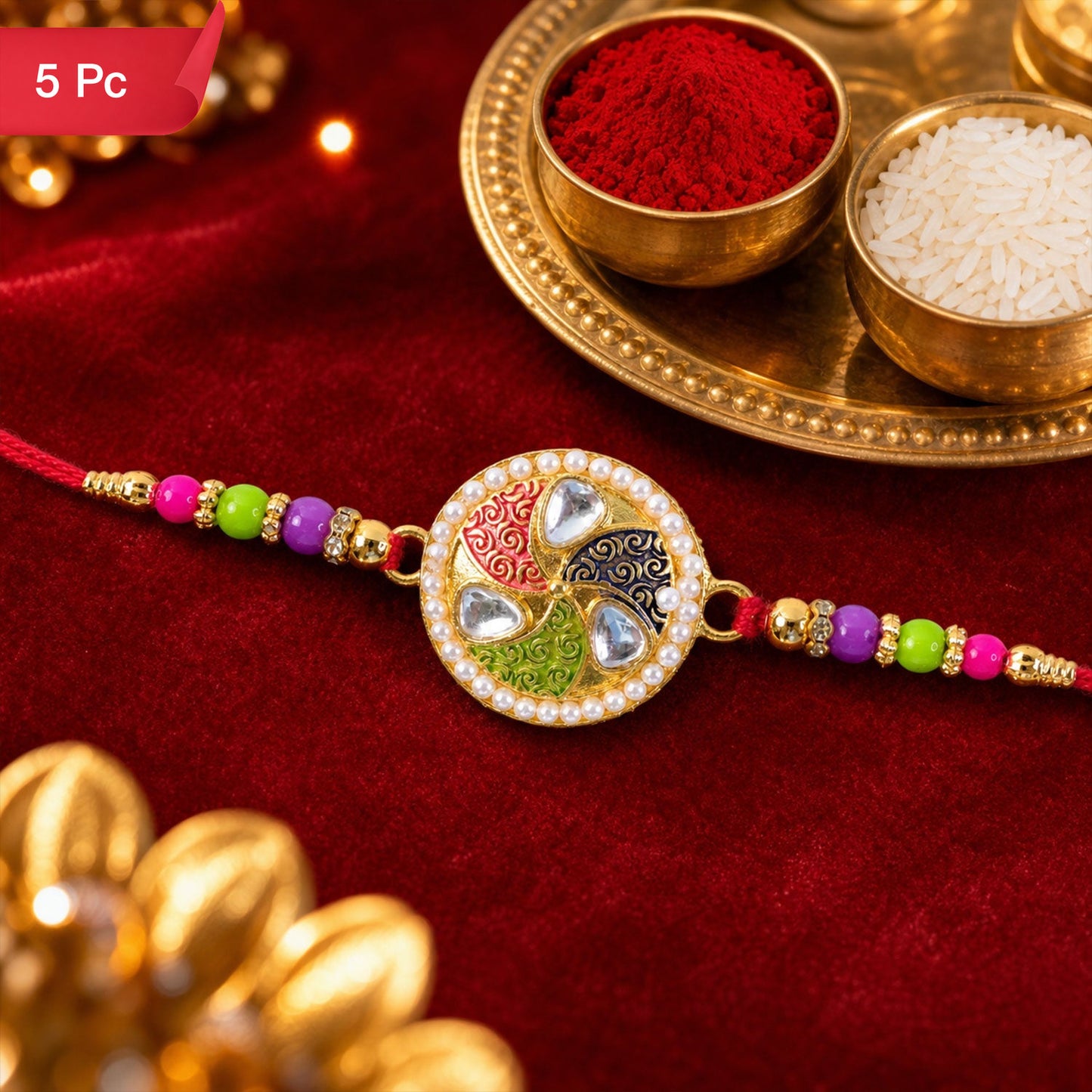 Kundan Meenakari Rakhi Pearl Border Multicolor Beads (5pcs)