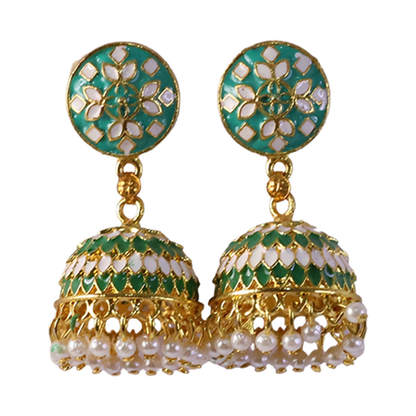 Green floral jhumka earrings displayed on white background